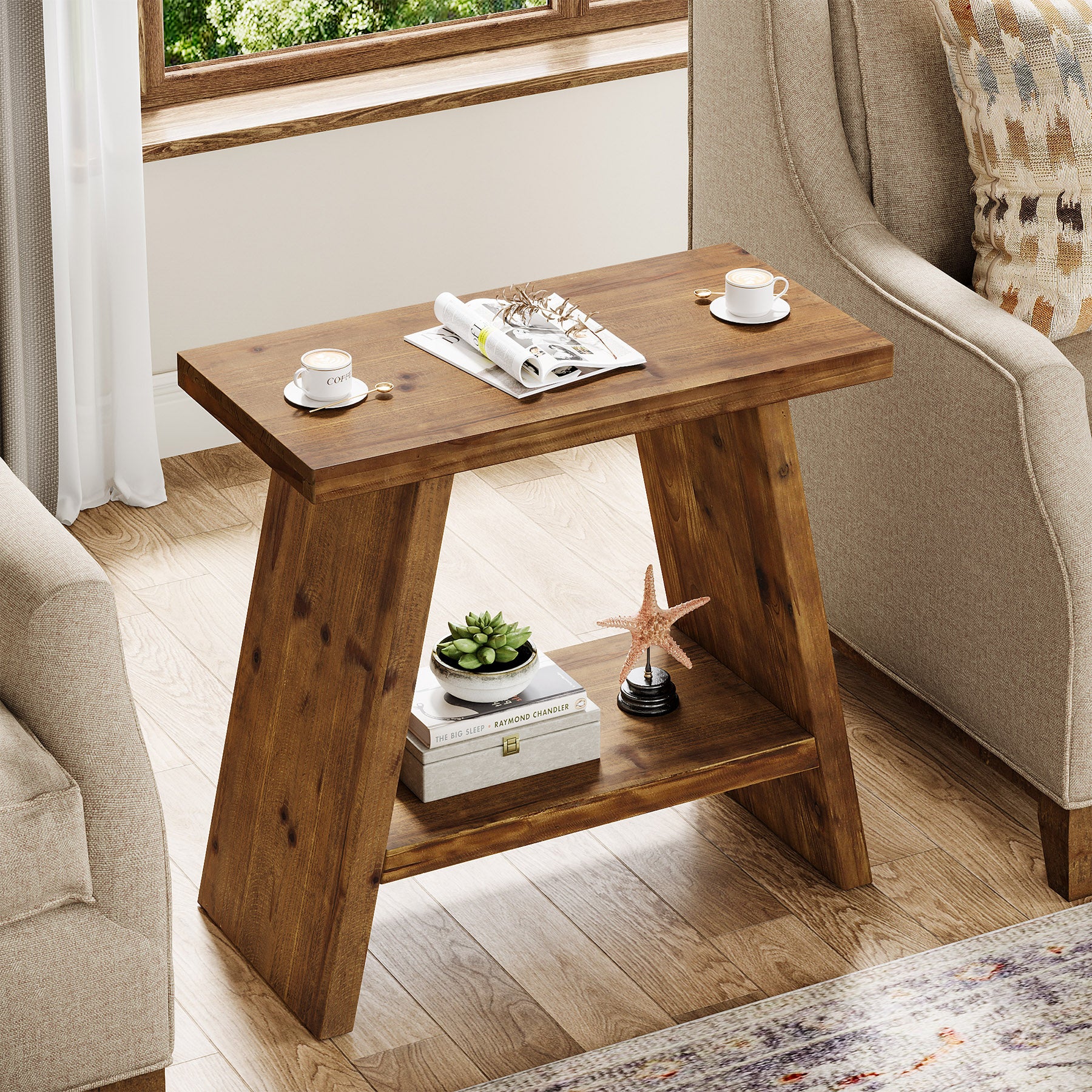 60 x 30 cm Tribesigns smalle bijzettafel van massief hout met 2-laagse opbergruimte