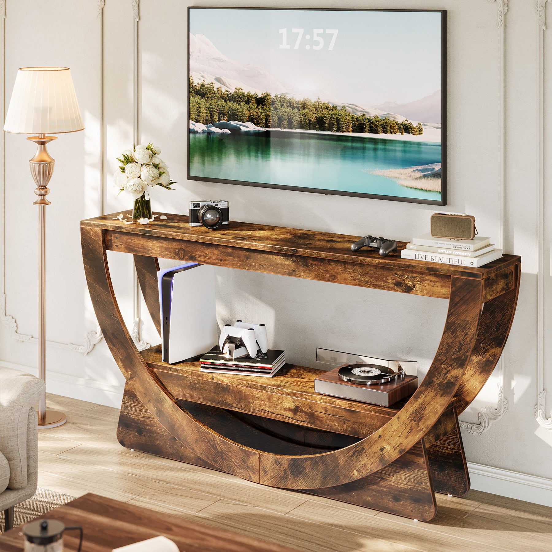 160 cm TV-meubel voor 75 inch TV's, Landelijke Houten Mediaconsole met Open Gewelfde Plank