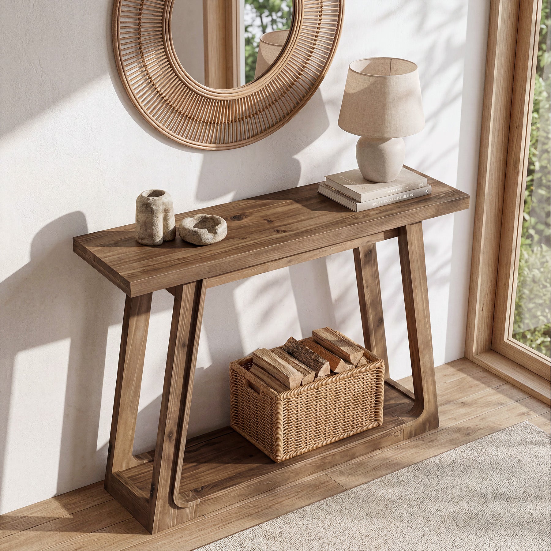 105 x 30 x 80 cm Tribesigns massief houten sidetable met trapeziumvormige basis, haltafel voor entree en woonkamer