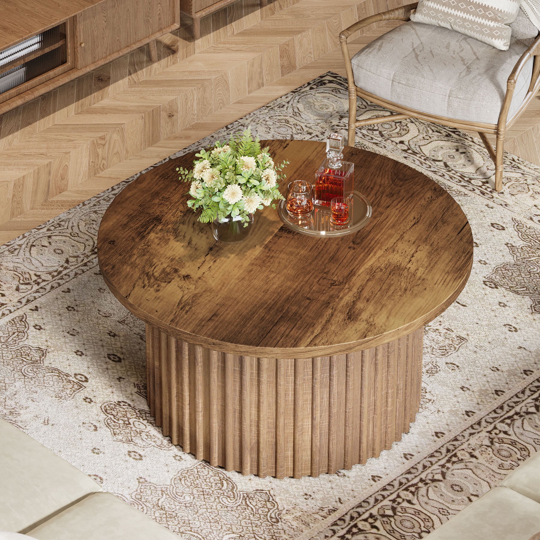 80 cm Ronde Salontafel Landelijke Stijl, Met Metalen Basis en Fineer Top voor Woonkamer en Kantoor