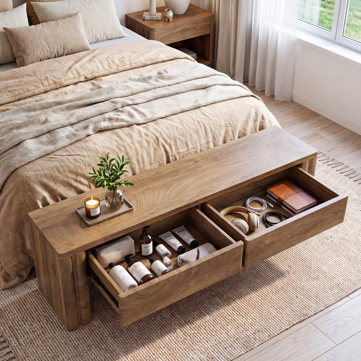 140 cm Tribesigns bedbank met 2 verborgen opberglades, moderne landelijke zitbank in warme eikenlook voor slaapkamer