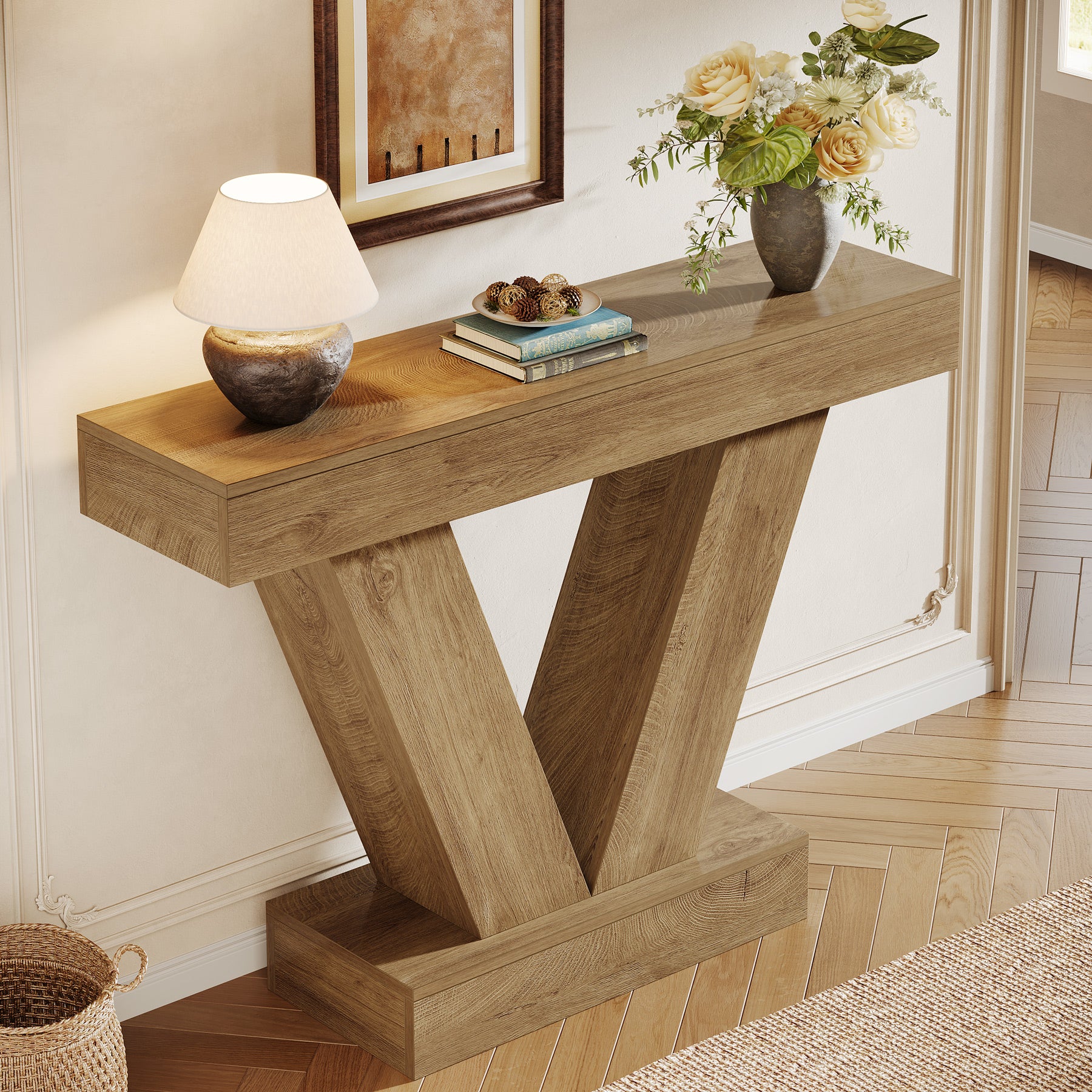 105 cm Consoletafel met V-vormige Poten, Smalle Haltafel voor Woonkamer en Entree in Bruin