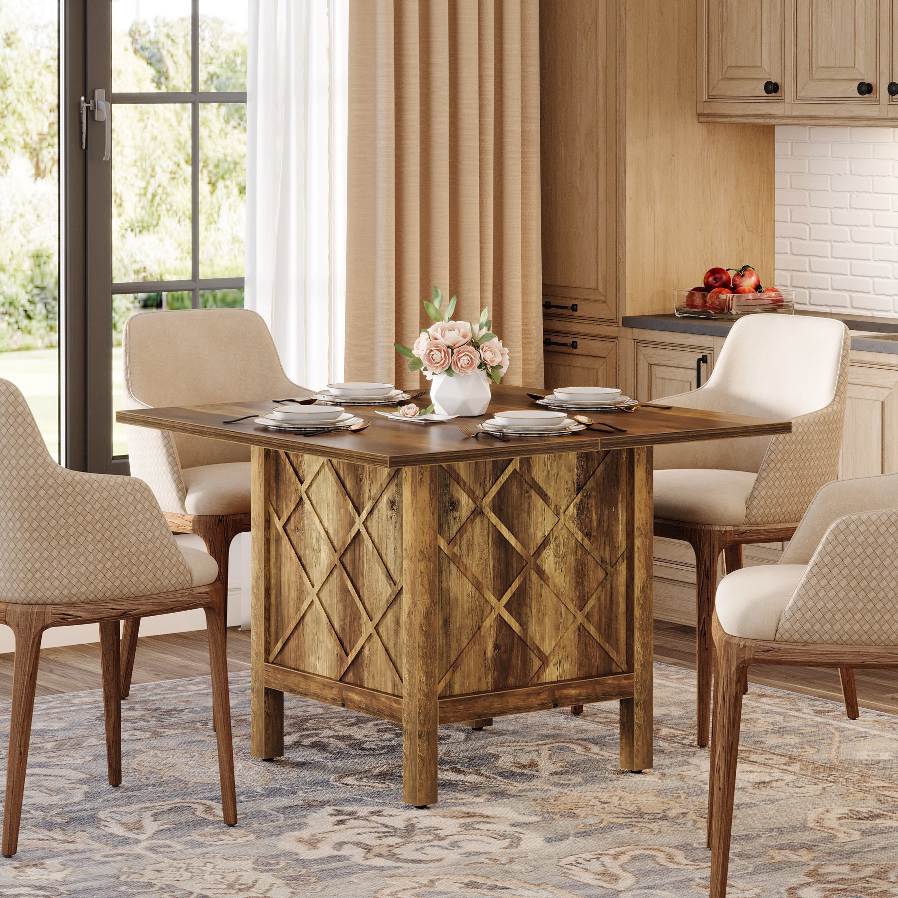 100 cm Landelijke Eettafel, Vierkante Houten Tafel met Stevig Frame voor Eetkamer