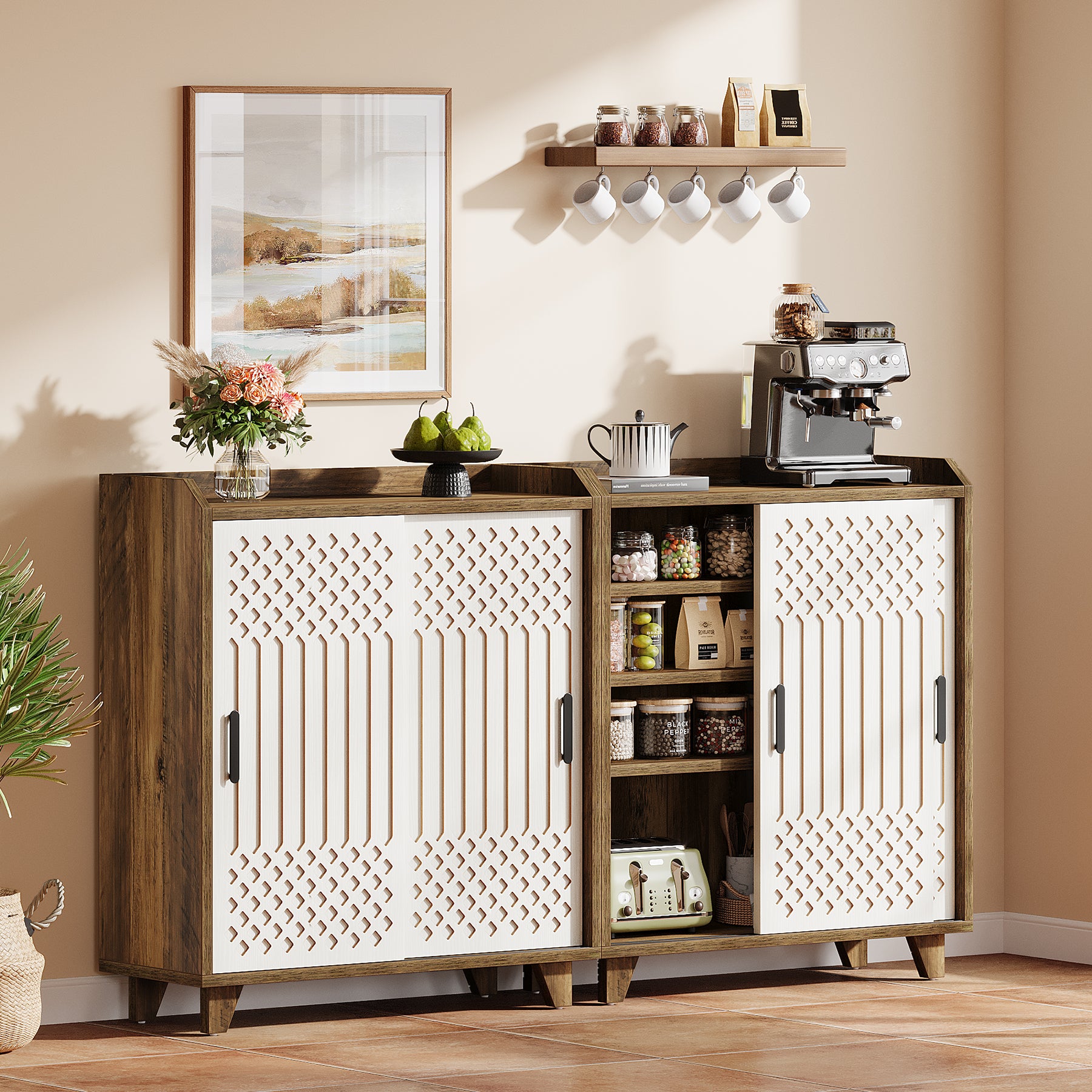 90 cm Keukenkast, Landelijke Buffet met Schuifdeuren en Geometrisch Patroon