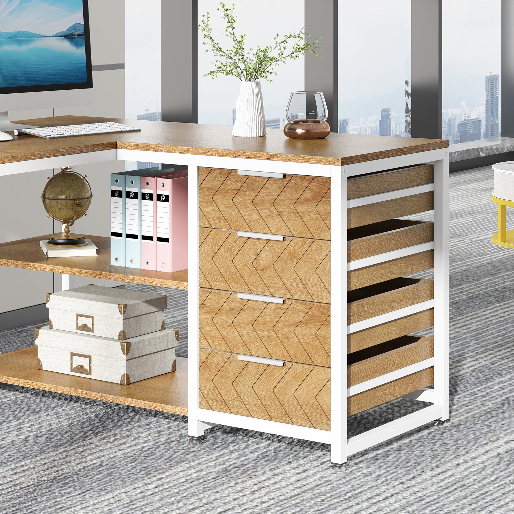 150 cm L-vormig Bureau, Met 4 Laden en 2 Planken voor Kantoor en Werkkamer