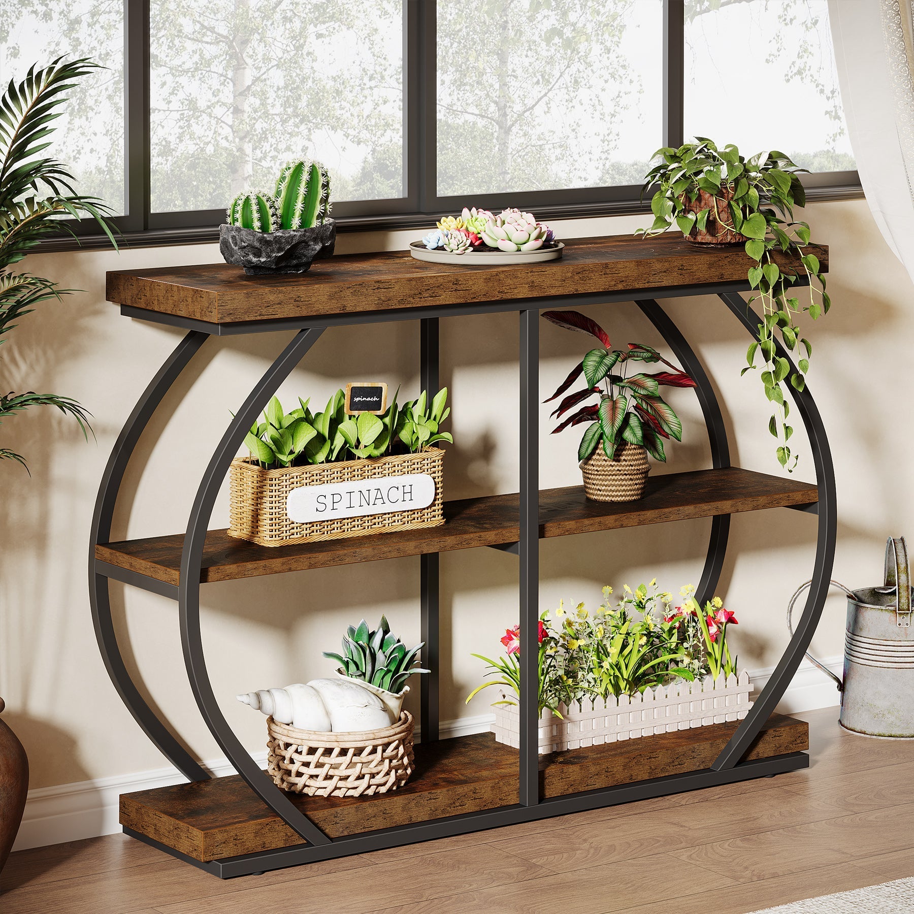 105 cm Industriële Consoletafel met 3 Planken, Gebogen Metalen Frame voor Woonkamer en Hal