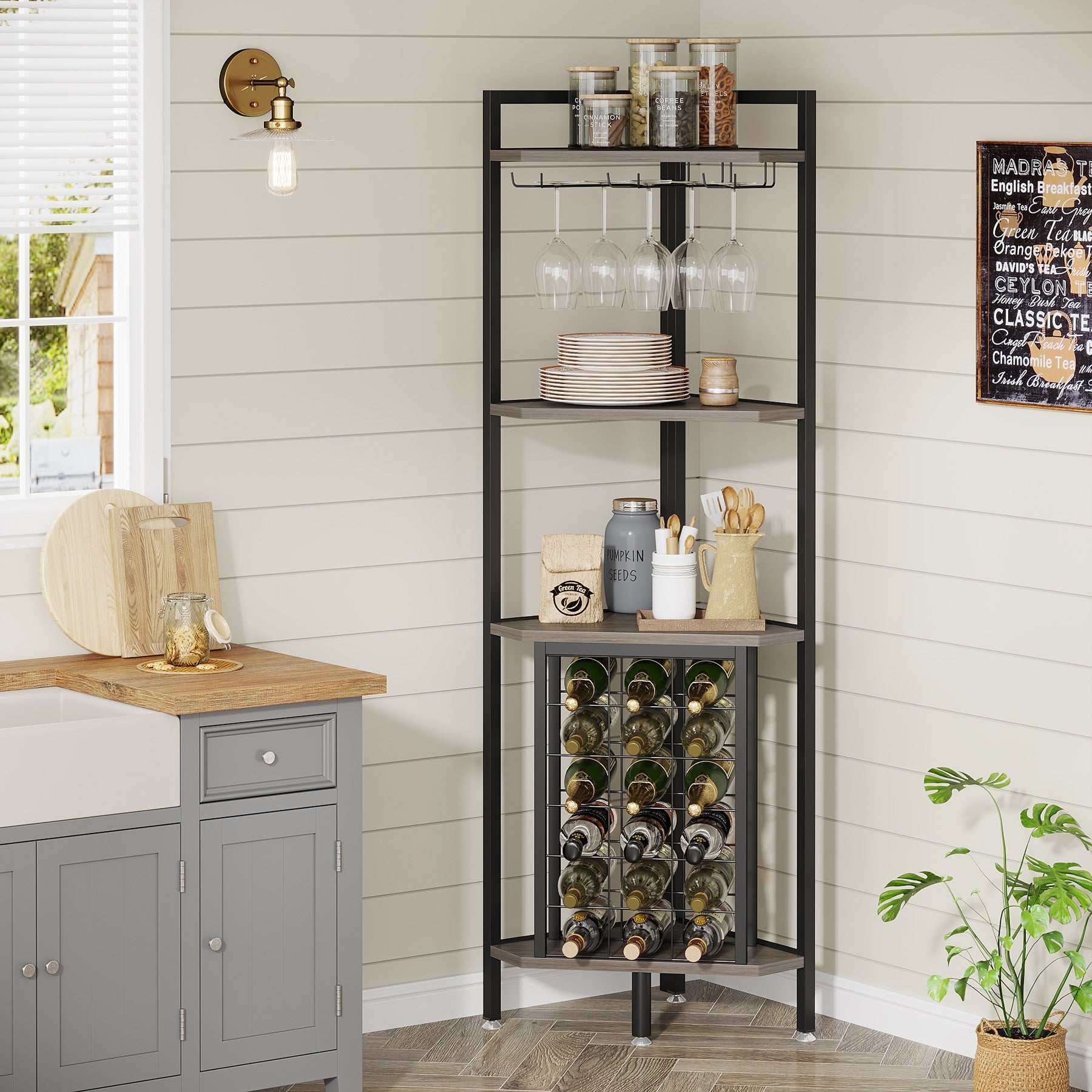 60 cm Hoekwijnrek, Industrieel Vloermeubel met Vier Planken en Glasopberging