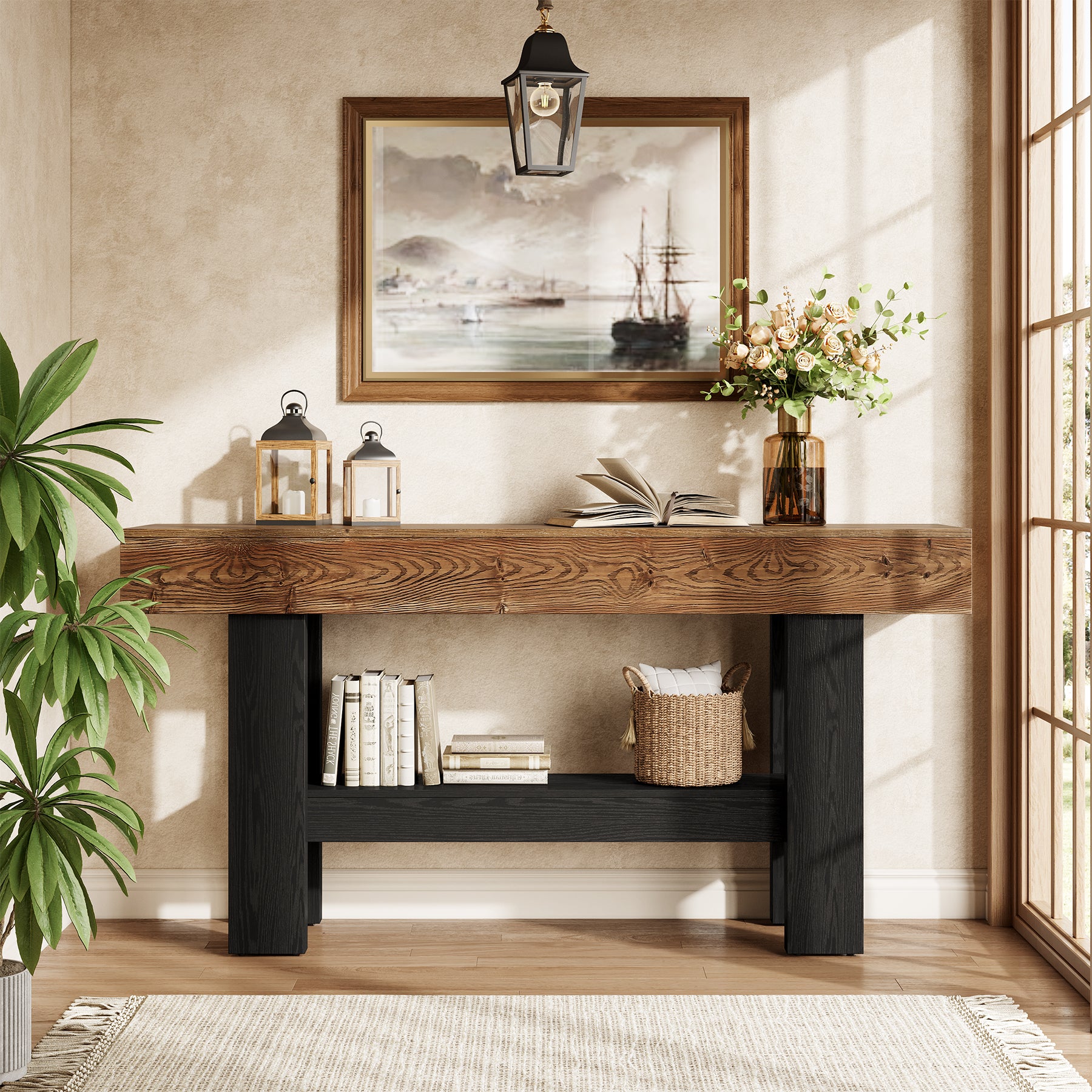 160cm Massief Houten Consoletafel, Extra Lange Smalle Tafel met 2 Opbergvakken in Landelijke Stijl