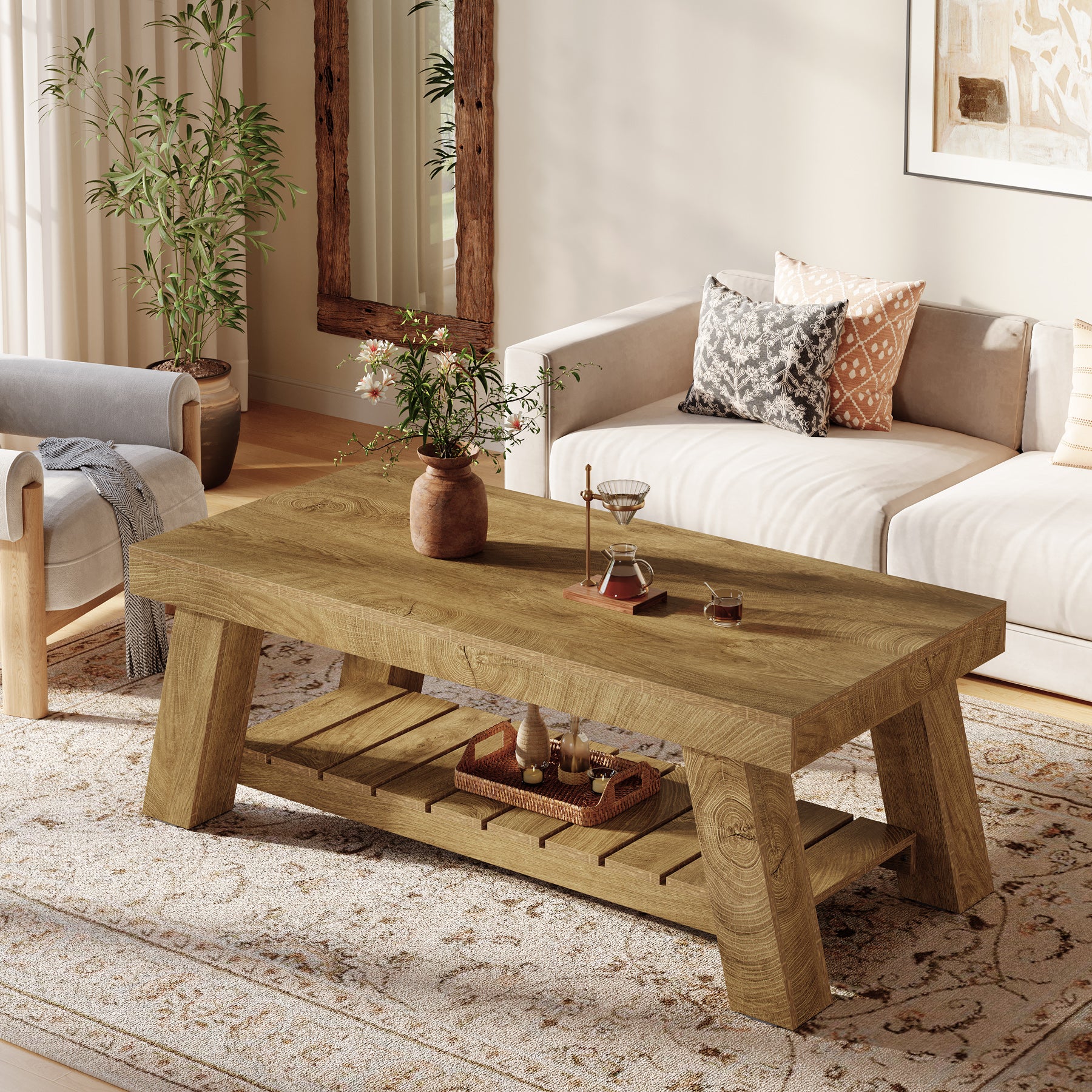 120 cm Rechthoekige Salontafel Boerderij Stijl, Met 2 Opbergplanken voor Woonkamer en Appartement