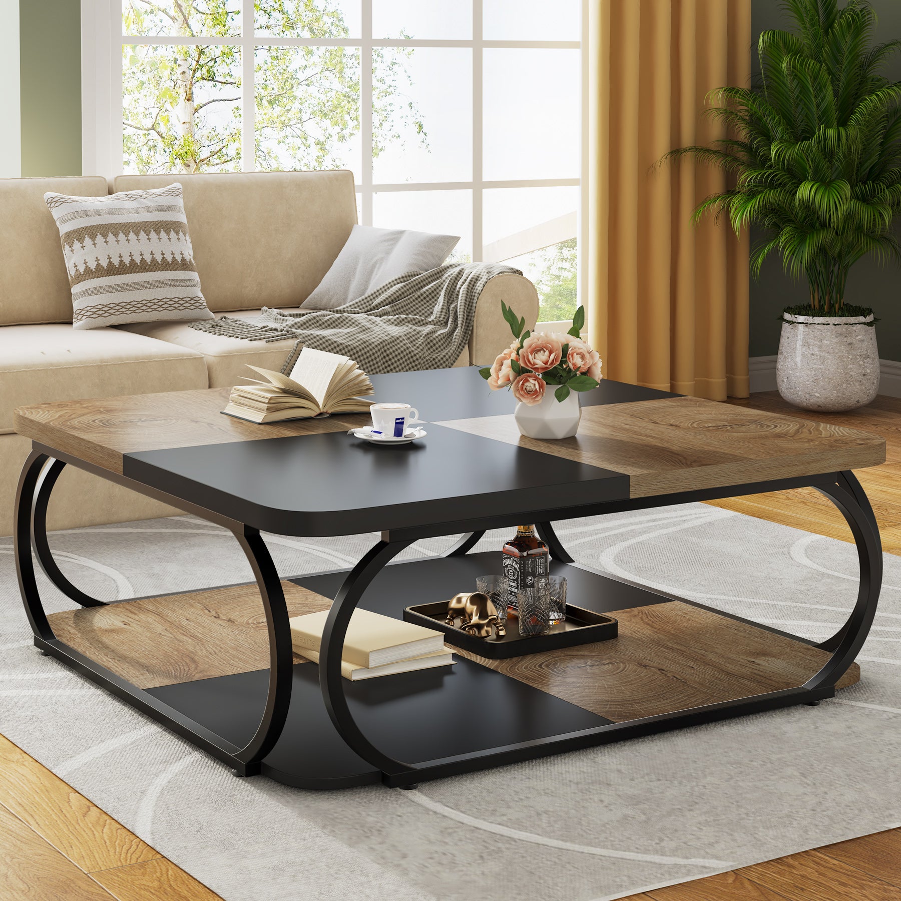 100 cm Vierkante Salontafel met Dubbele Planken, Landelijke Tafel met Metal Frame