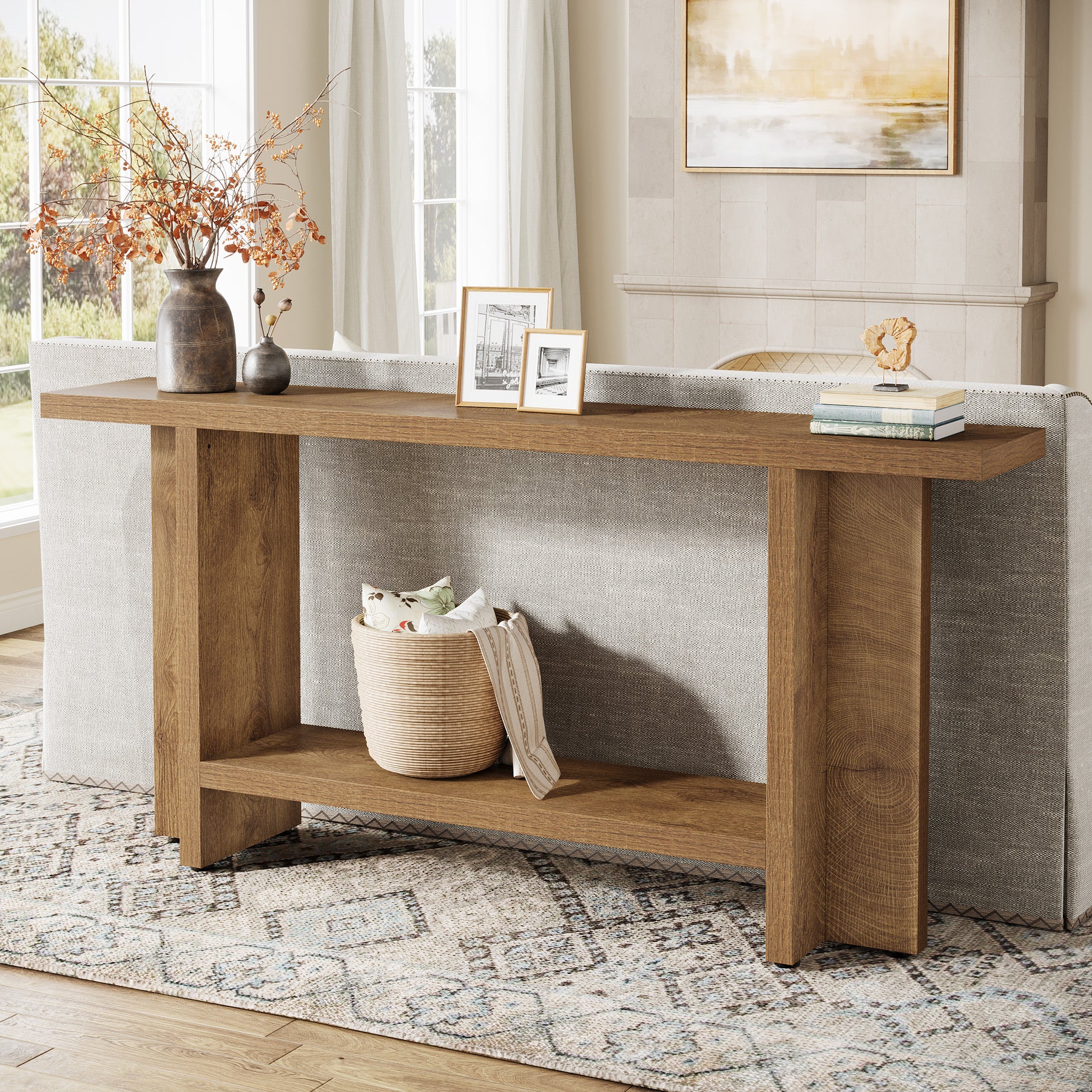 Smal Design Console Meubel, 150 cm Lange Tafel met Plank voor Entree en Woonkamer