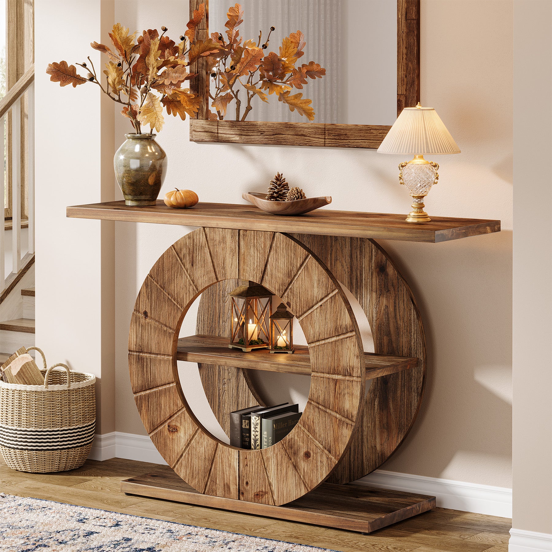 105 cm Massief Houten Consoletafel met 3 Planken en Ronde Basis