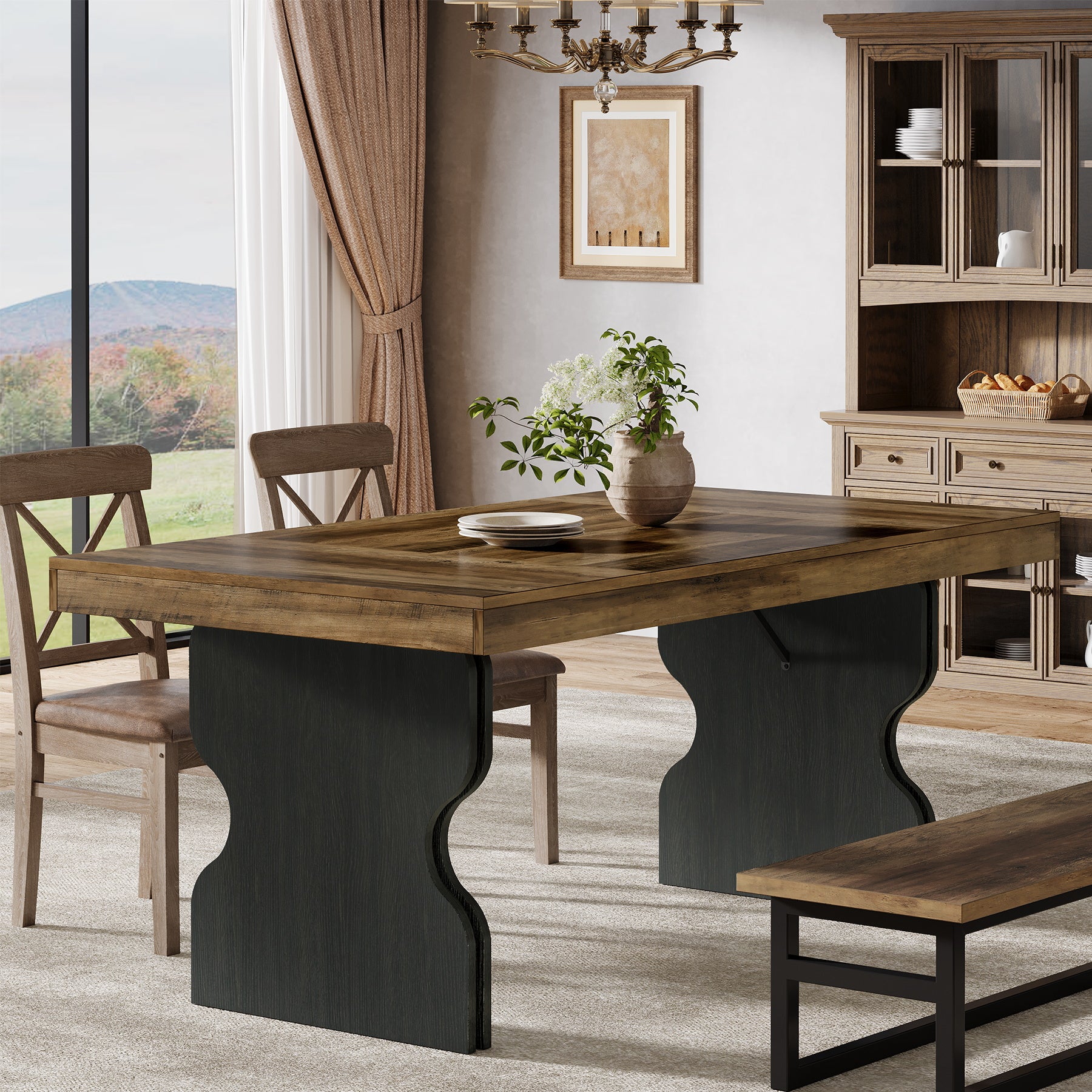 Tribesigns 160 cm Eettafel voor 4–6 Personen, Rechthoekige Landelijke Keukentafel met Zandloperpoten