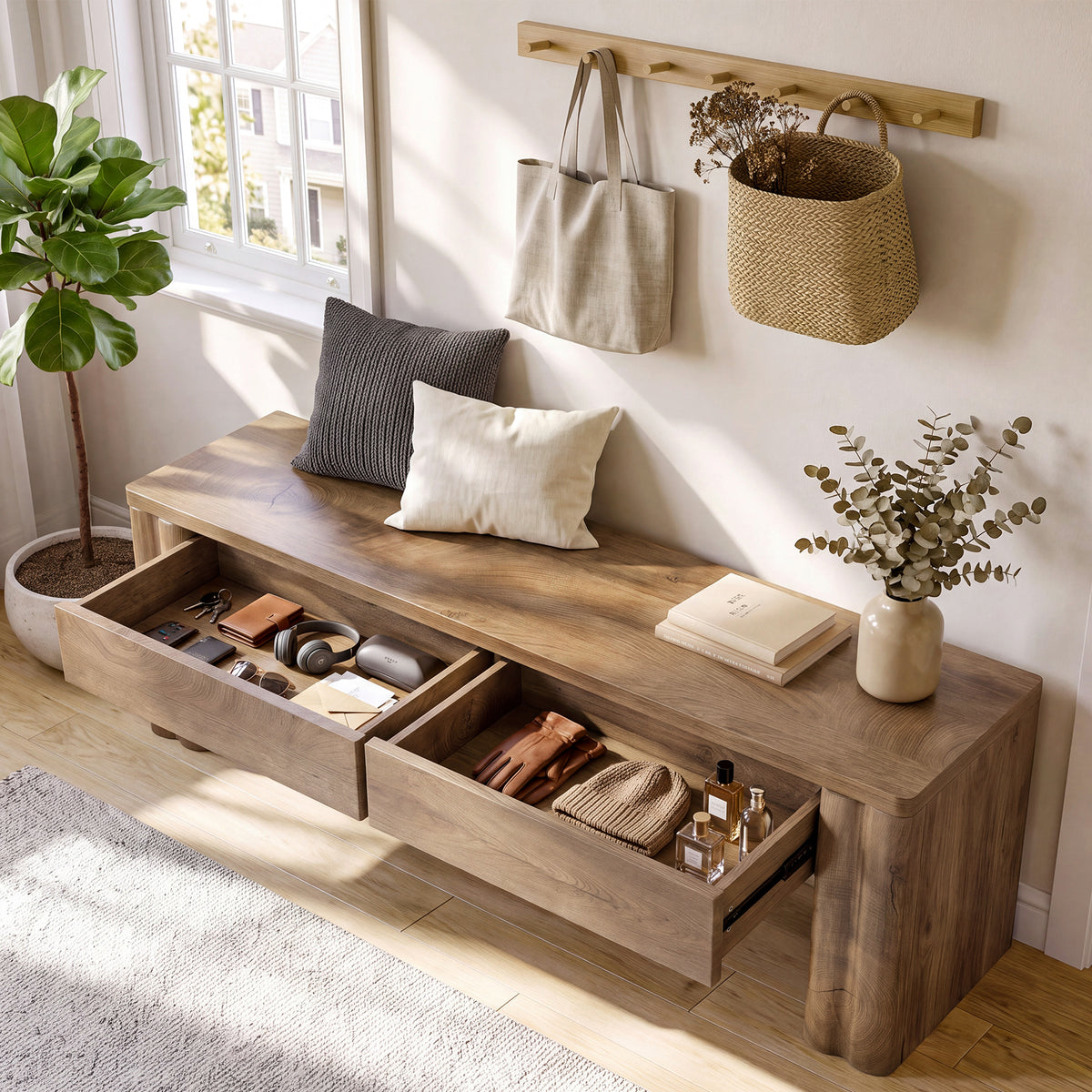140 cm Tribesigns halbank met 2 verborgen opberglades, moderne zitbank in warme eikenlook voor hal en slaapkamer