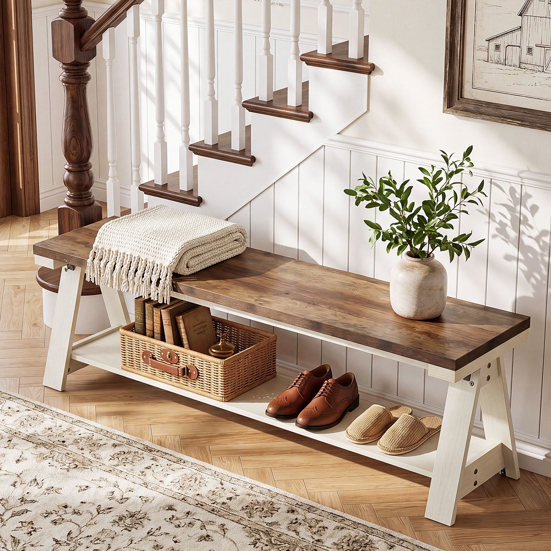 Tribesigns Houten Zitbank 150 cm met Plank, Halbank en Bedbank met 2 Niveaus