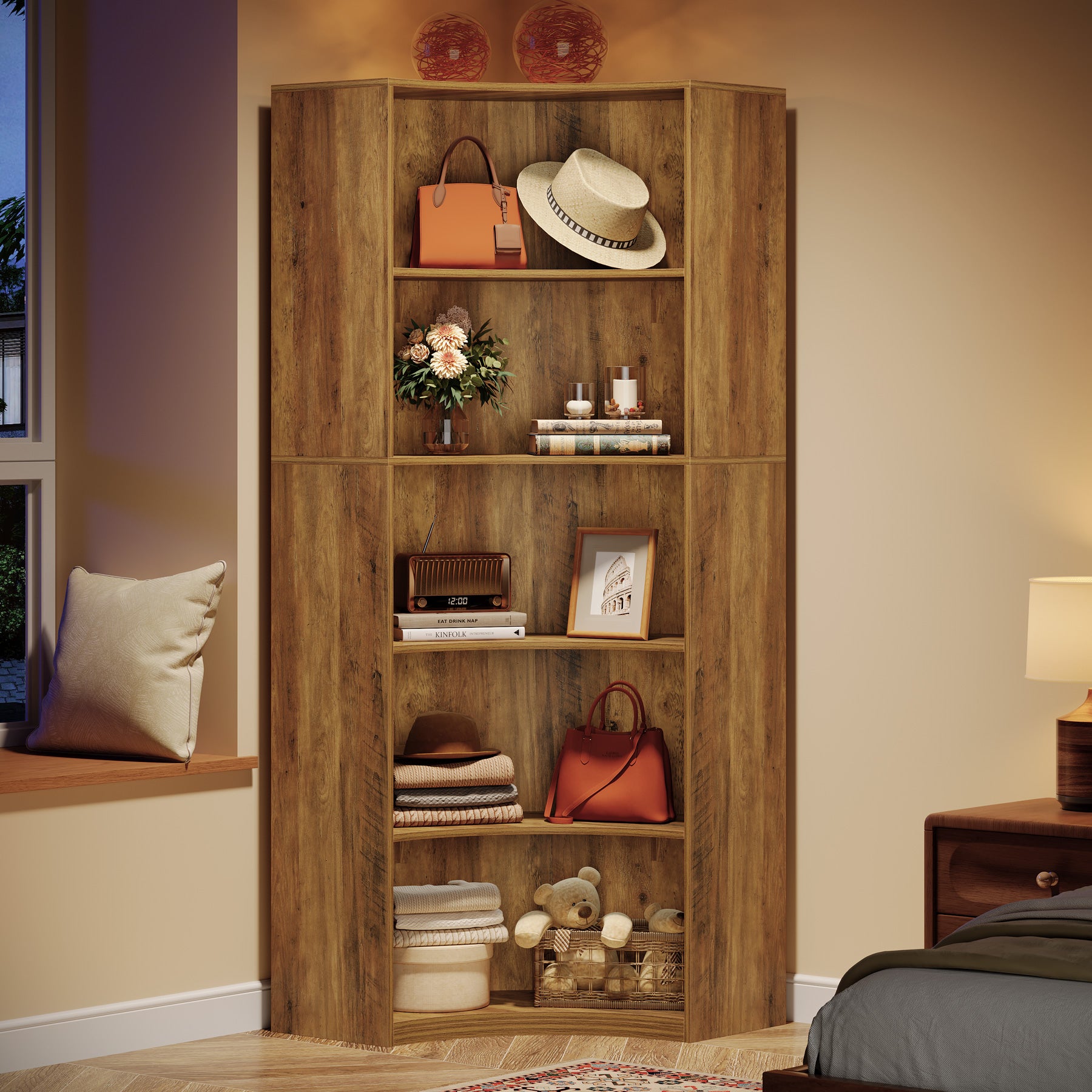 180 cm Hoge Hoekboekenkast, Landelijke Opbergkast met Gebogen Randen voor Woonkamer