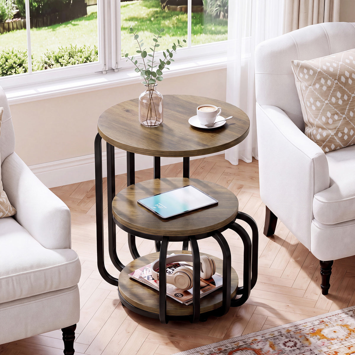 50 x 50 x 60 cm ronde bijzettafel met 3-laags opbergrek, industriële sidetable met metalen frame