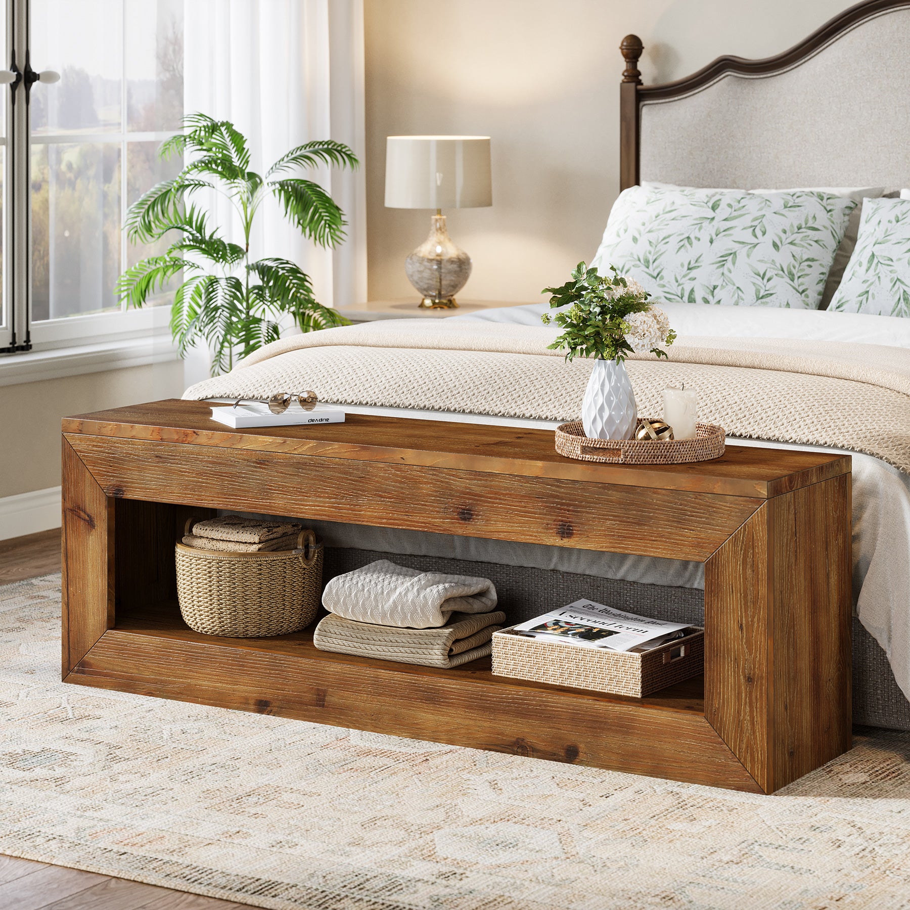 120 cm massief houten halbank met opbergplank, landelijke zitbank voor entree en hal