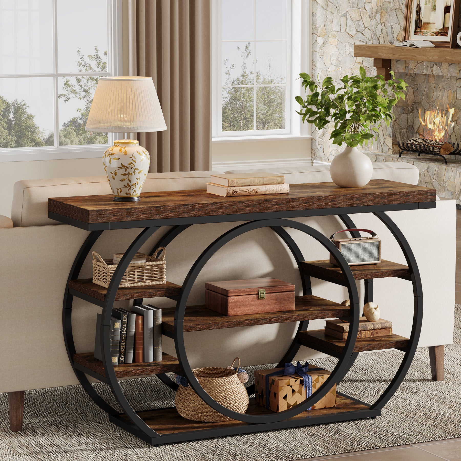 Consoletafel van 120 cm met 5 Lagen in Industrieel Design, Smalle Banktafel voor Woonkamer en Hal in Rustiek Bruin