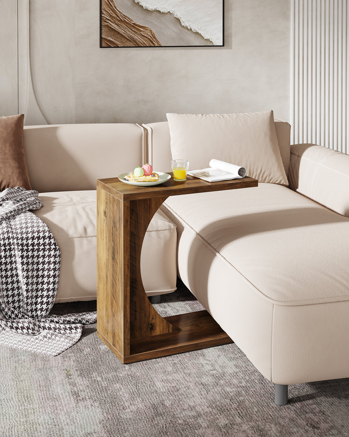 C-vormige Bijzettafel van Hout, Smalle Rustieke Tafel met Dienblad voor Woonkamer