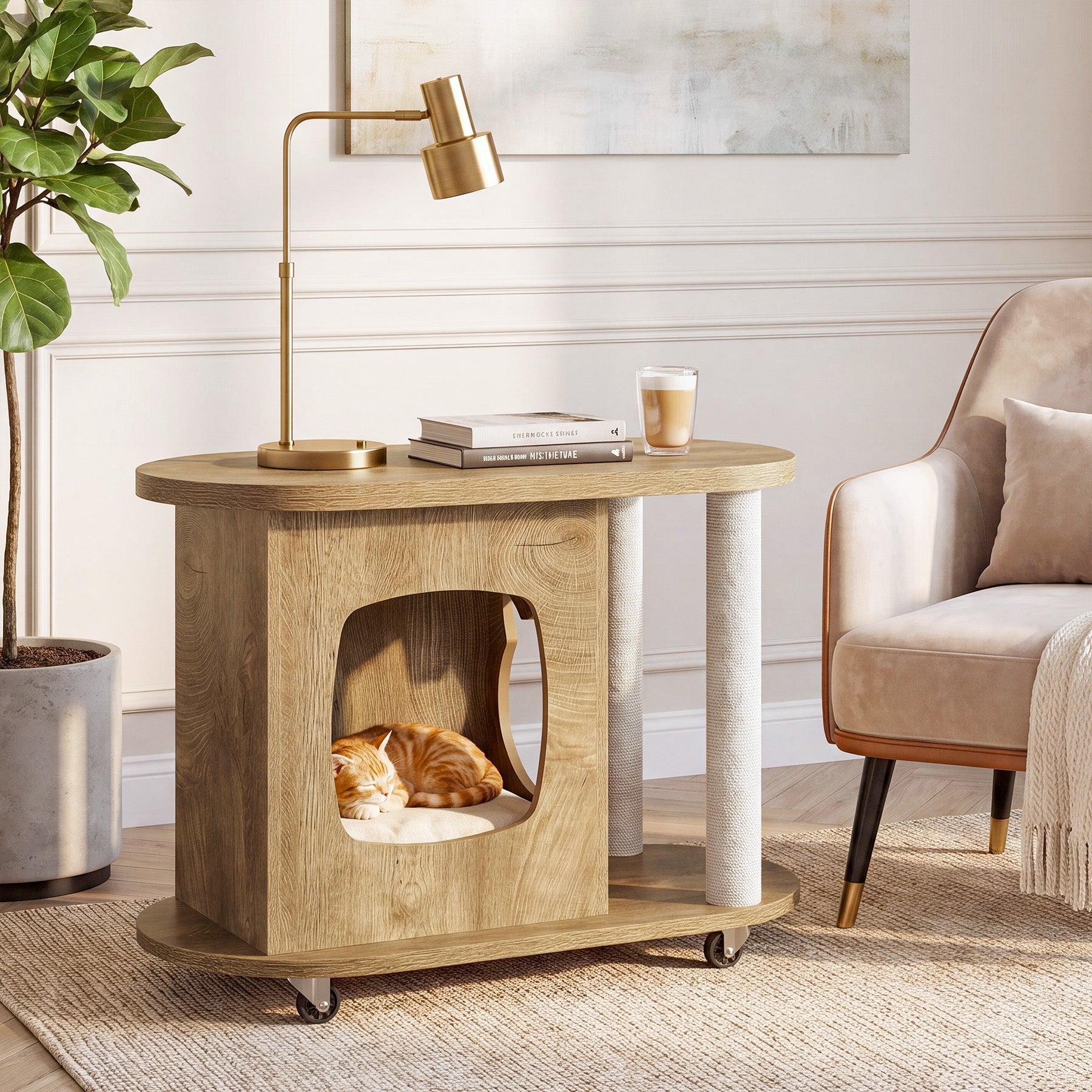 Tribesigns kattenhuis met krabpalen & bijzettafel, ovale salontafel op wielen met kattenhol