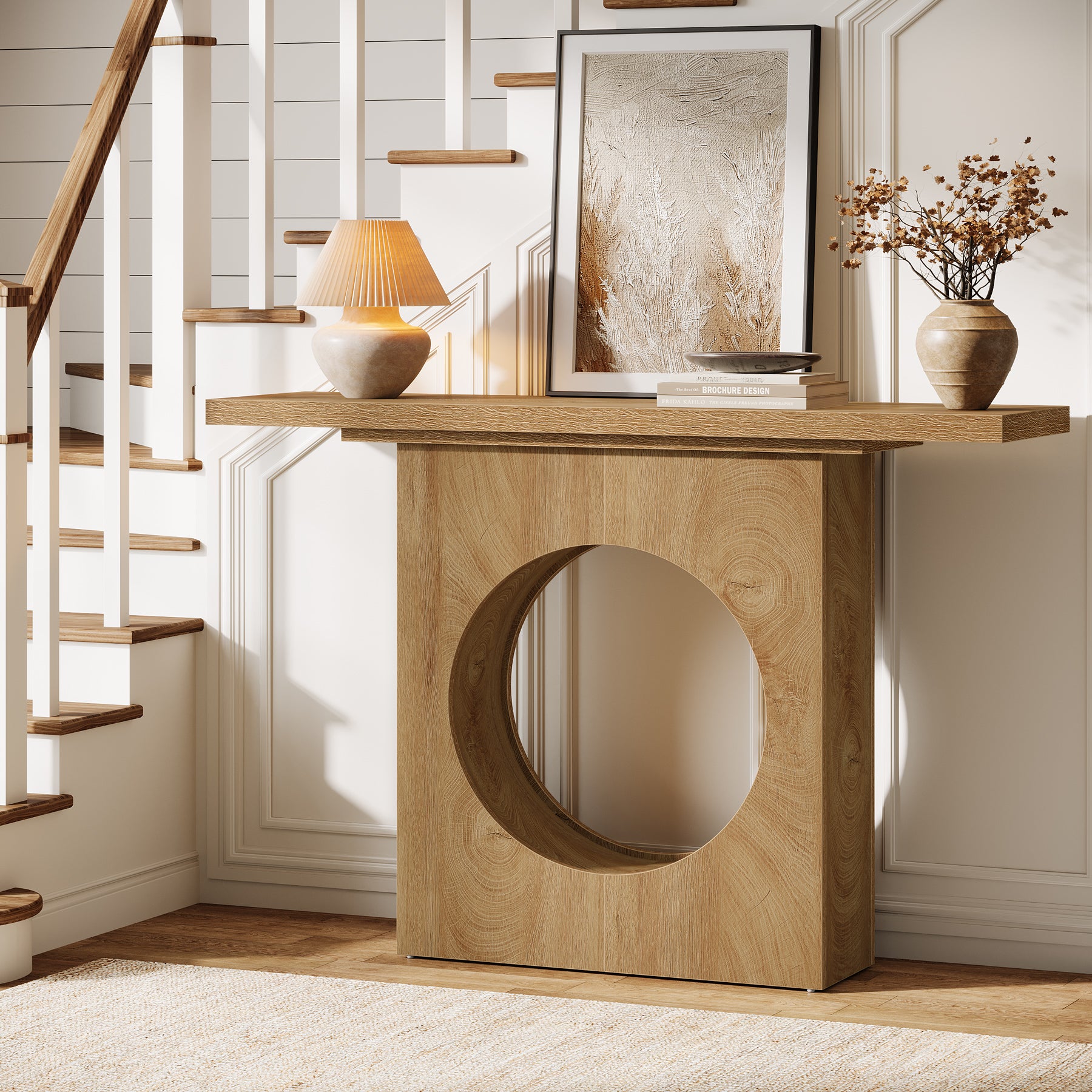 105 cm Landelijke Consoletafel met Rond Gat Ontwerp, Smalle Haltafel voor Woonkamer