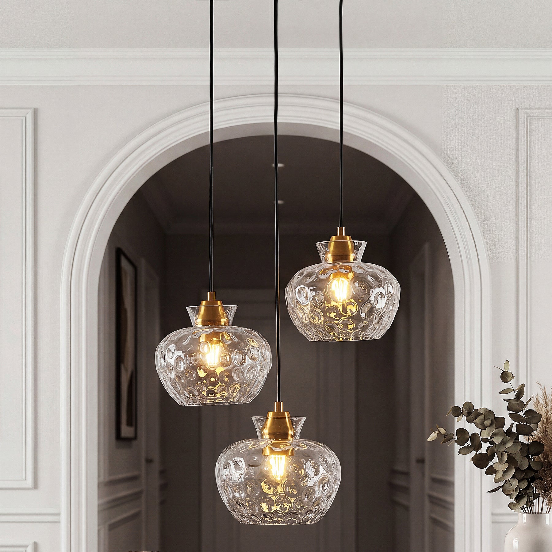 152 cm Tribesigns 3-lichts pendellamp met geribbeld glas en E27 fitting, in hoogte verstelbare vintage hanglamp voor eettafel, keuken en woonkamer [Energieklasse E]