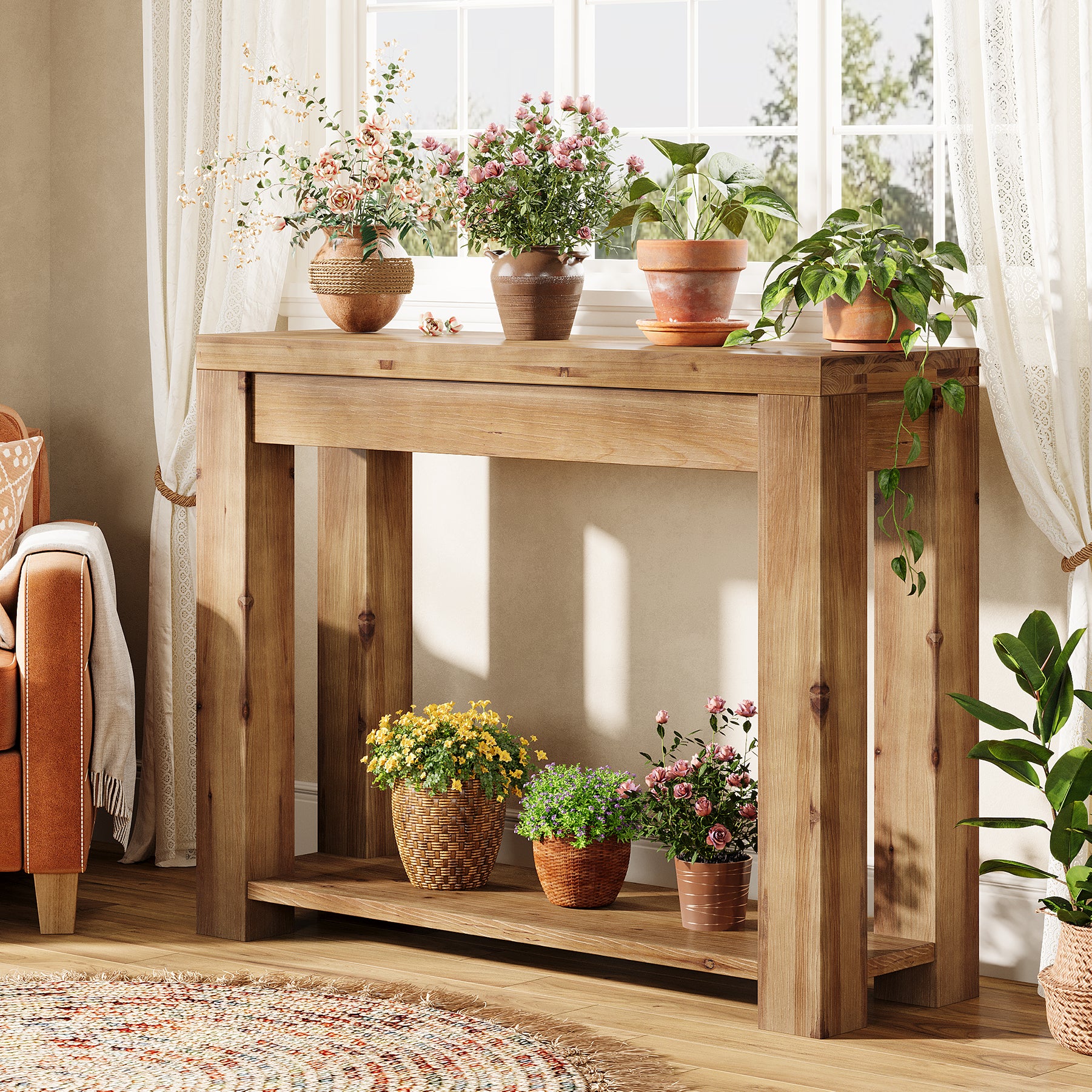 110 cm massief houten farmhouse consoletafel, smalle sidetable voor woonkamer en hal
