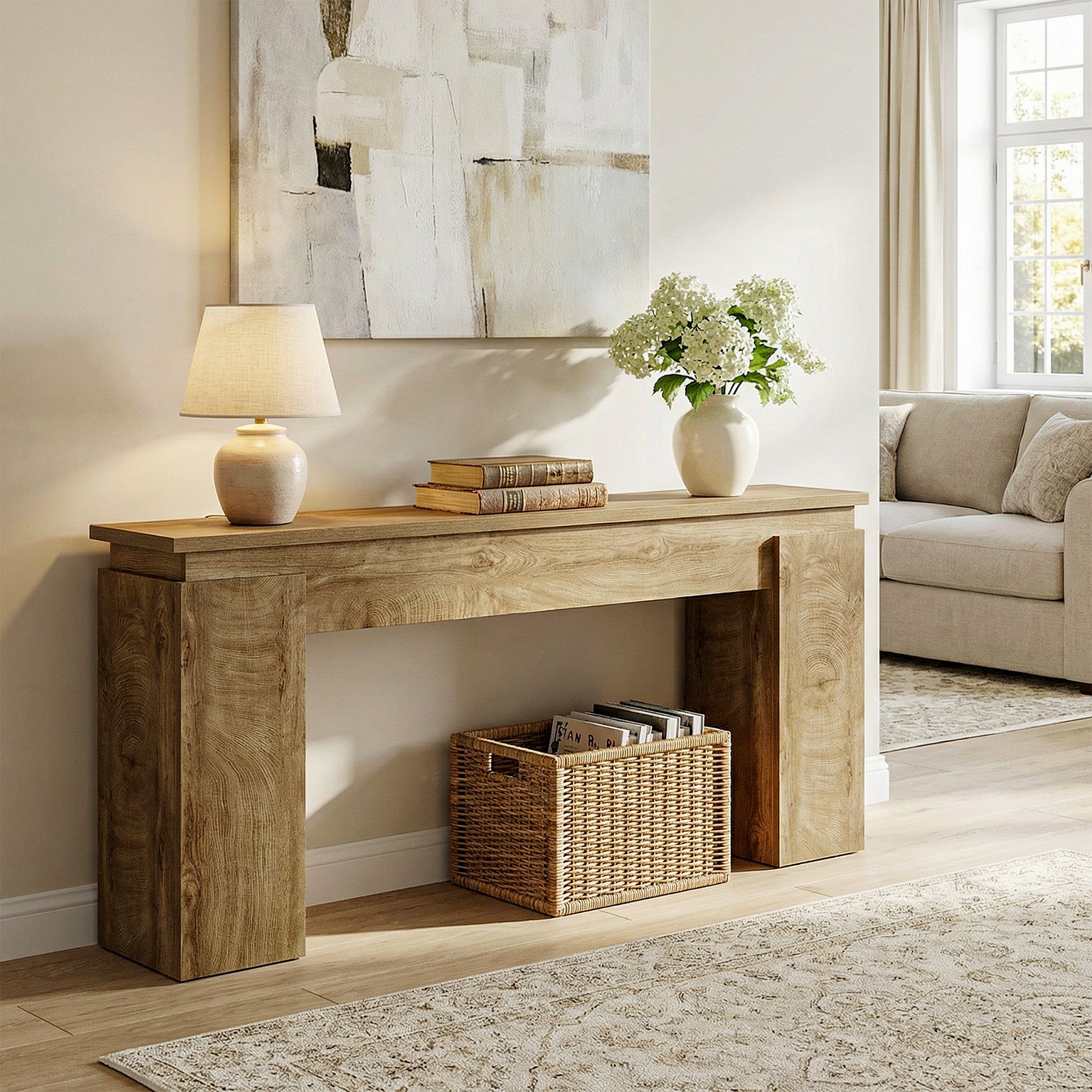 160 cm Consoletafel met Open Opbergrek, Landelijke Sofa Tafel voor Woonkamer en Entree