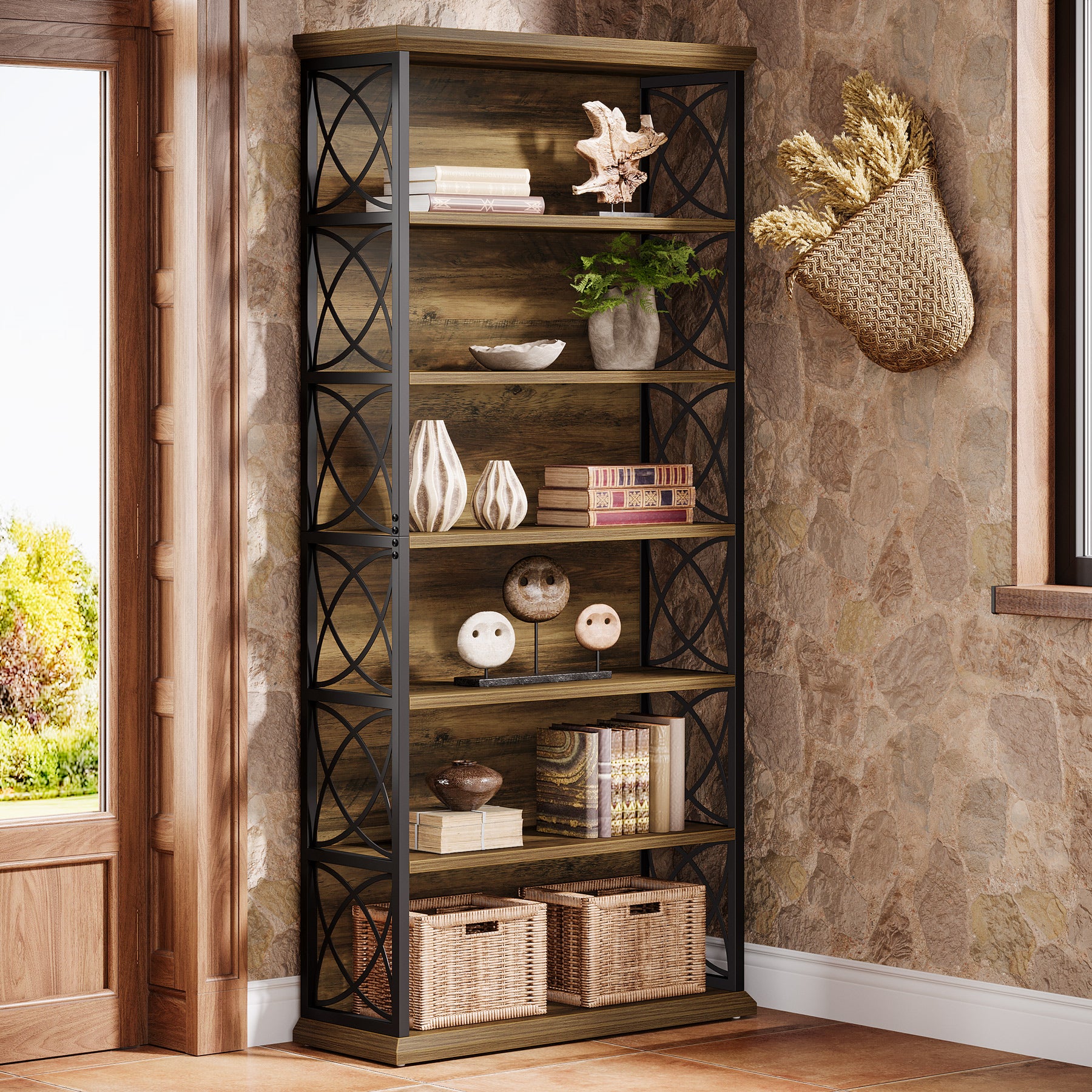 185 cm Hoge Industriële Boekenkast, 6 Planken Open Etagère in Hout en Metaal voor Woonkamer