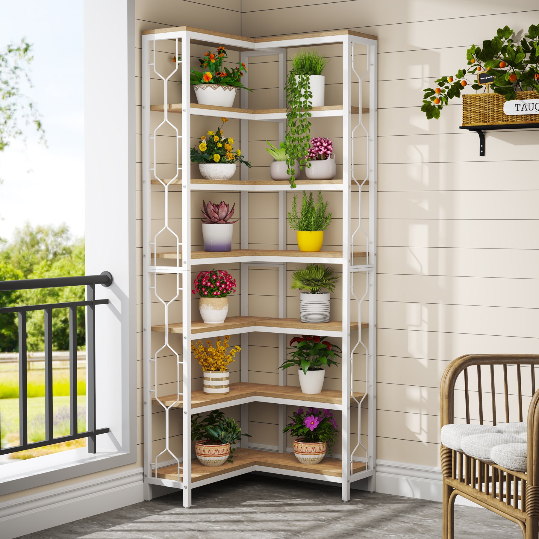 200 cm Hoge Industriële Hoekkast, 7-Lags Hoekwandplanken in Rustiek Bruin voor Woonkamer en Kantoor