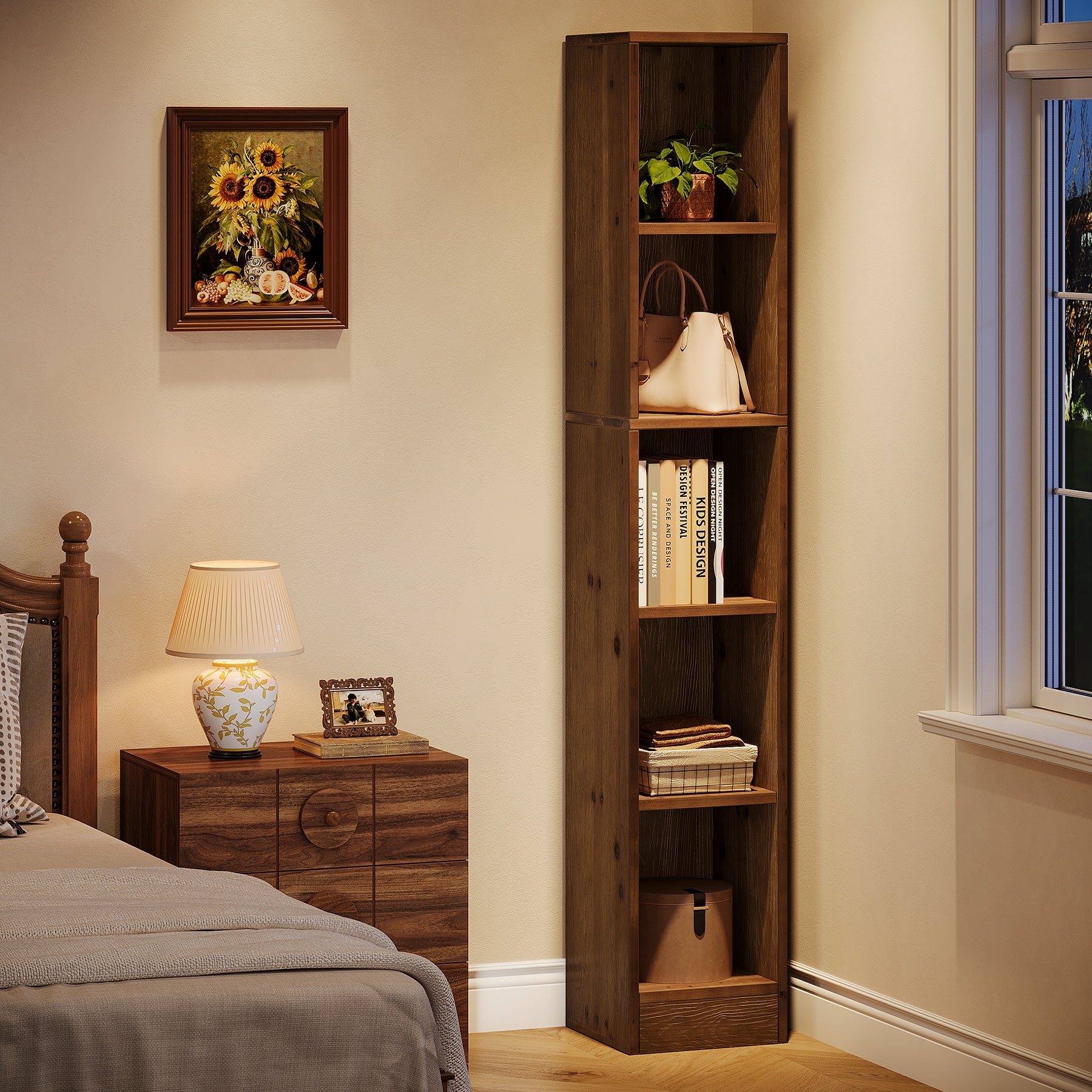 Tribesigns boekenkast van massief hout – 180 cm, smal 5-traps open rek voor boeken en accessoires