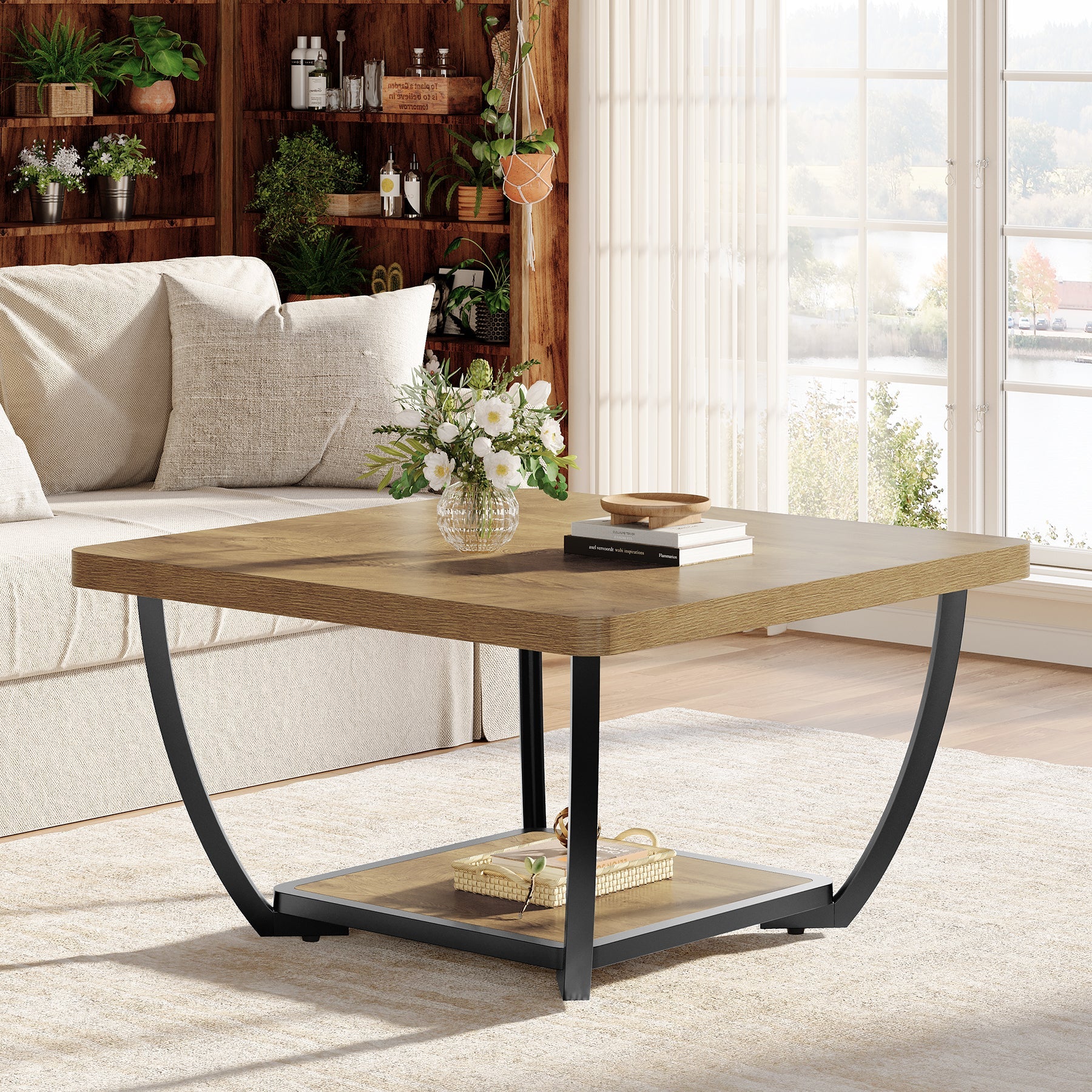 Tribesigns vierkante salontafel 80 cm met opbergplank, tweelaagse woonkamertafel met metalen frame