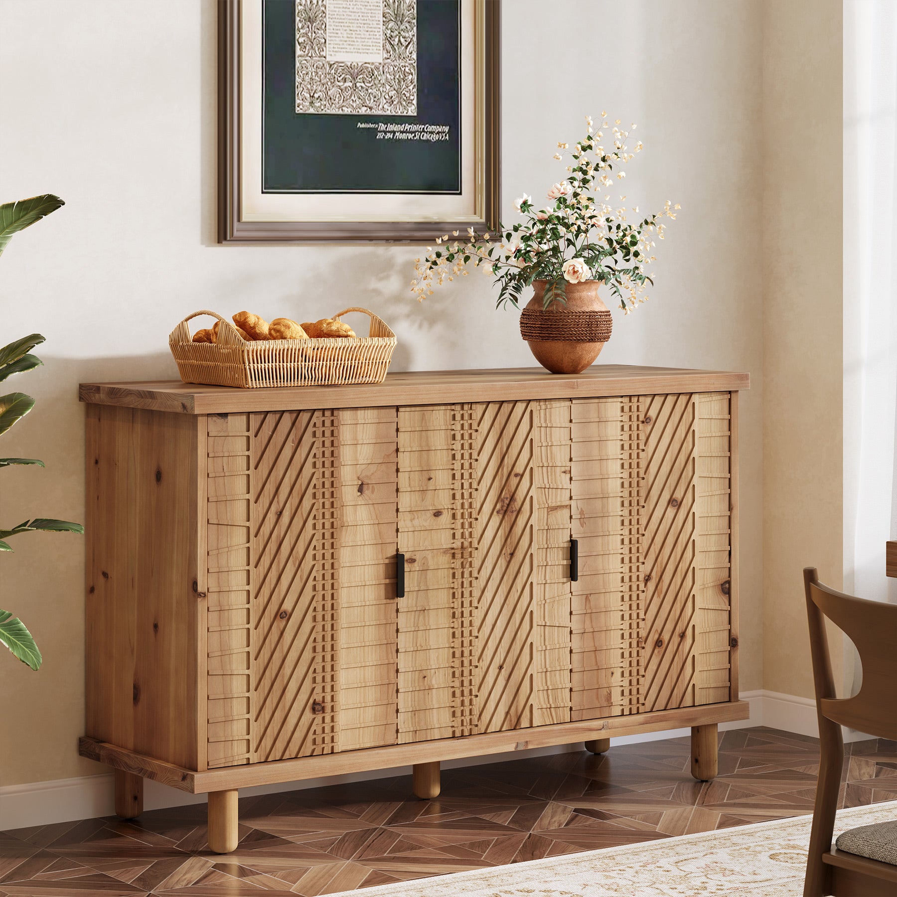 121 x 40 x 80 cm Tribesigns massief houten dressoir met 3 deuren en verstelbare planken, landelijke buffetkast voor keuken eetkamer en entree