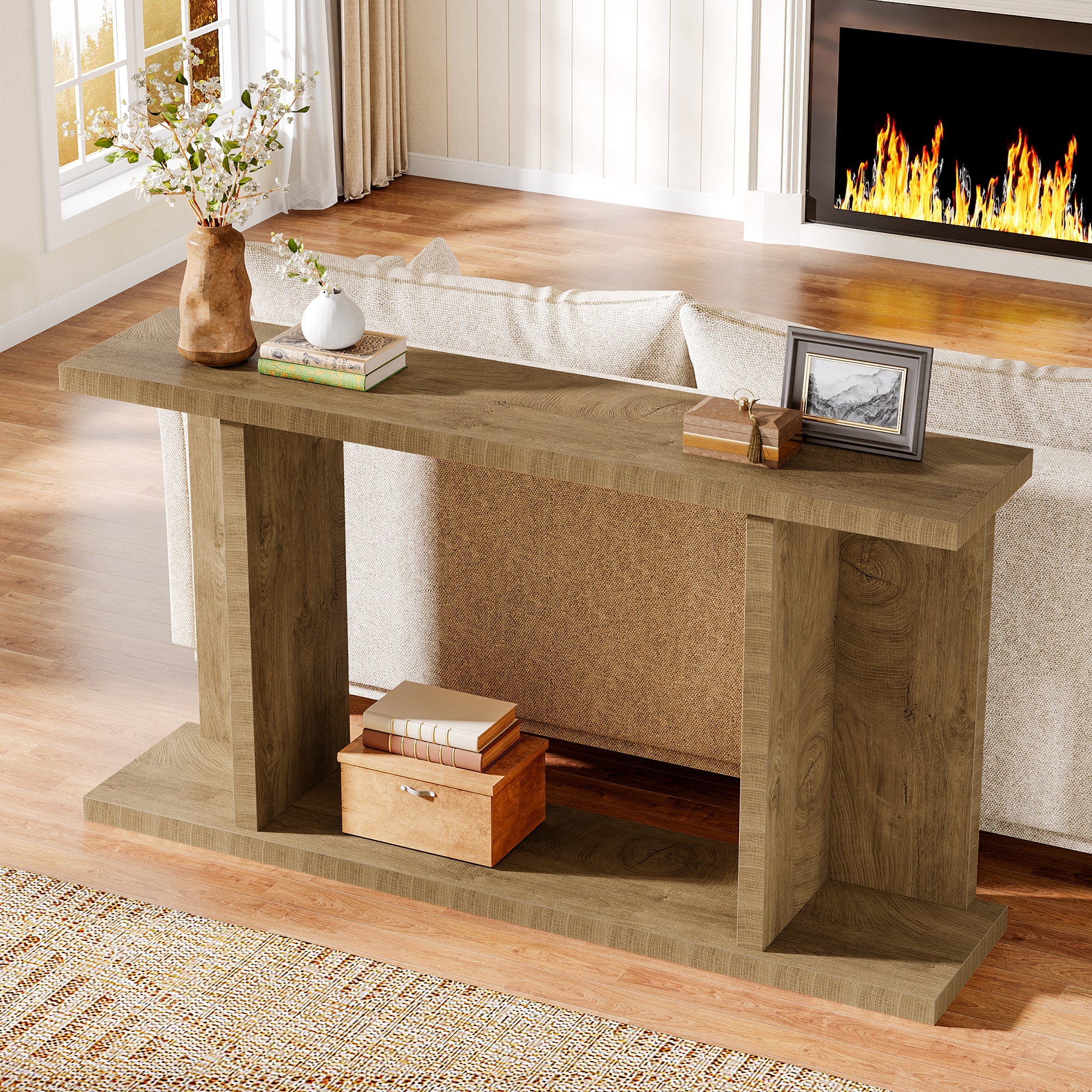 140 cm Consoletafel, 2-Laags Landelijke Banktafel voor Achter de Bank