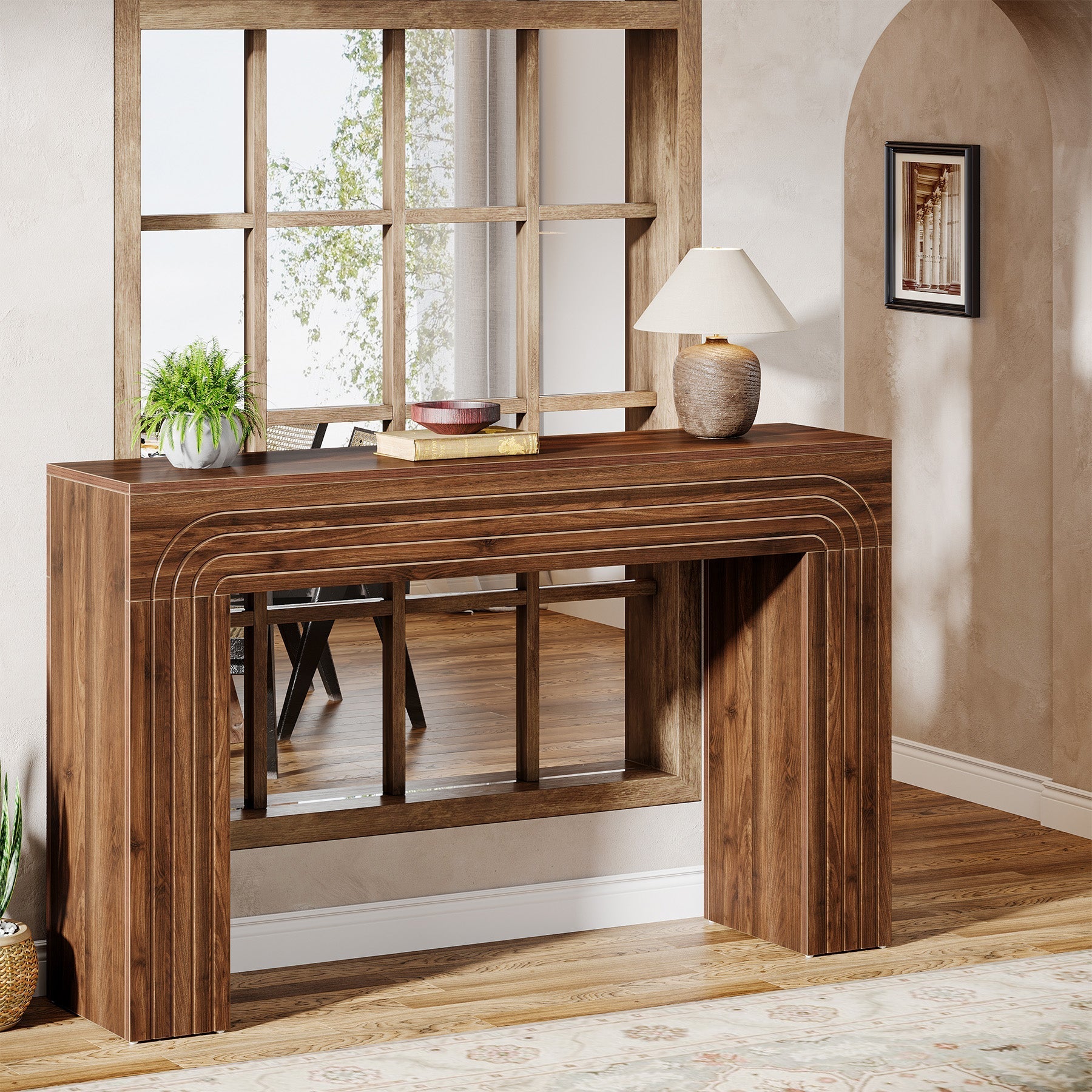 140 cm Landelijke Consoletafel, Lange Smalle Bureautafel met Versterkte Poten voor Hal