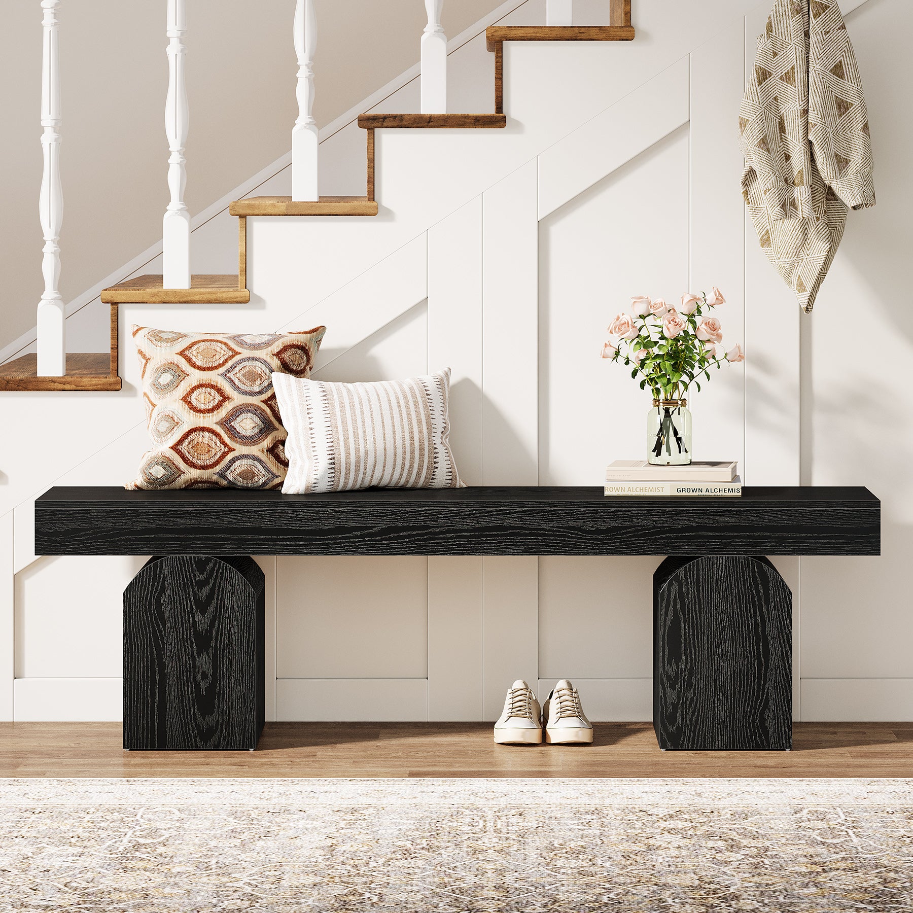 Halbank van 150 cm in Zwart met Gebogen Onderstellen, Houten Binnenbank voor Entree en Woonkamer