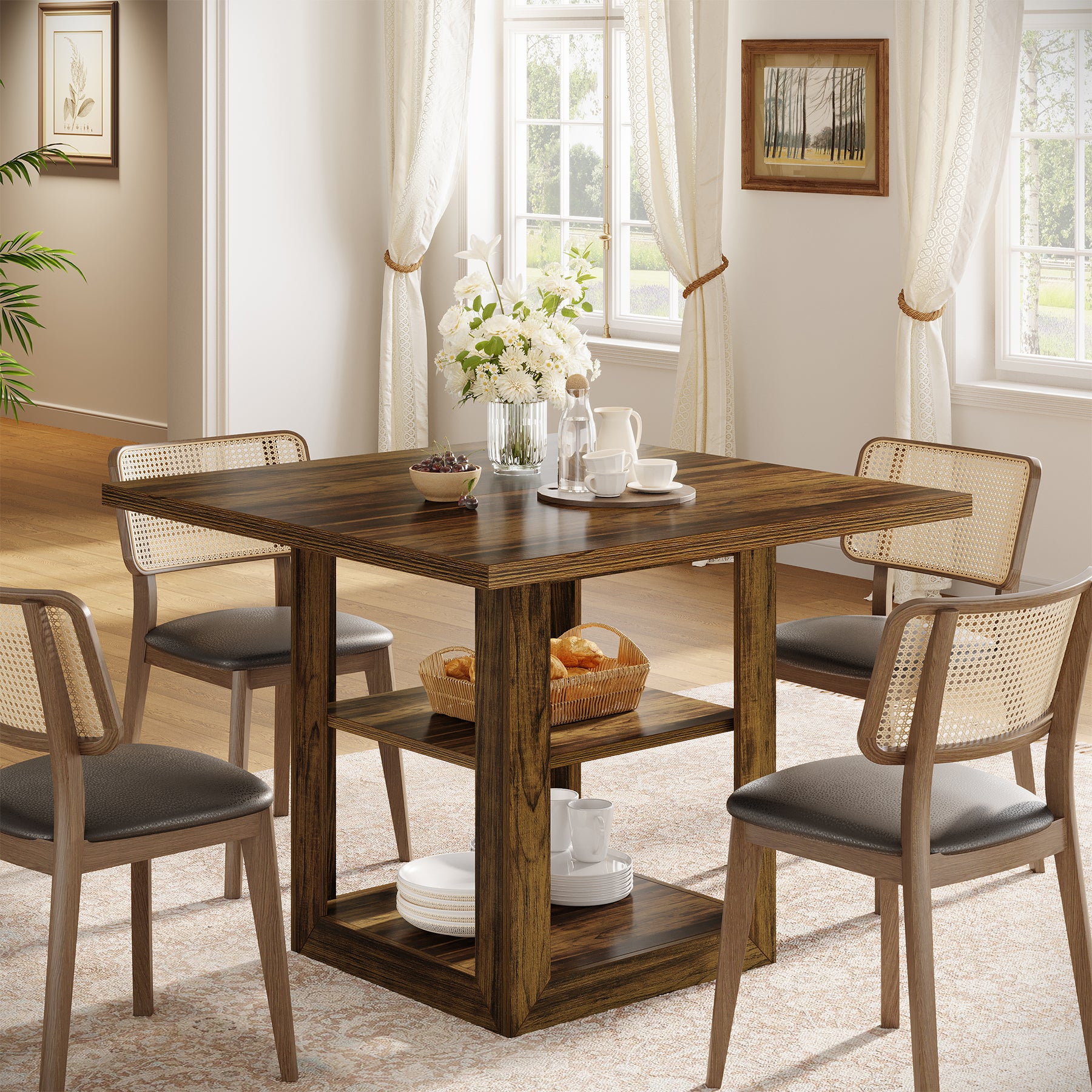 Tribesigns 79 cm Vierkante Eettafel voor 4 Personen, Met 2-Tier Opbergruimte