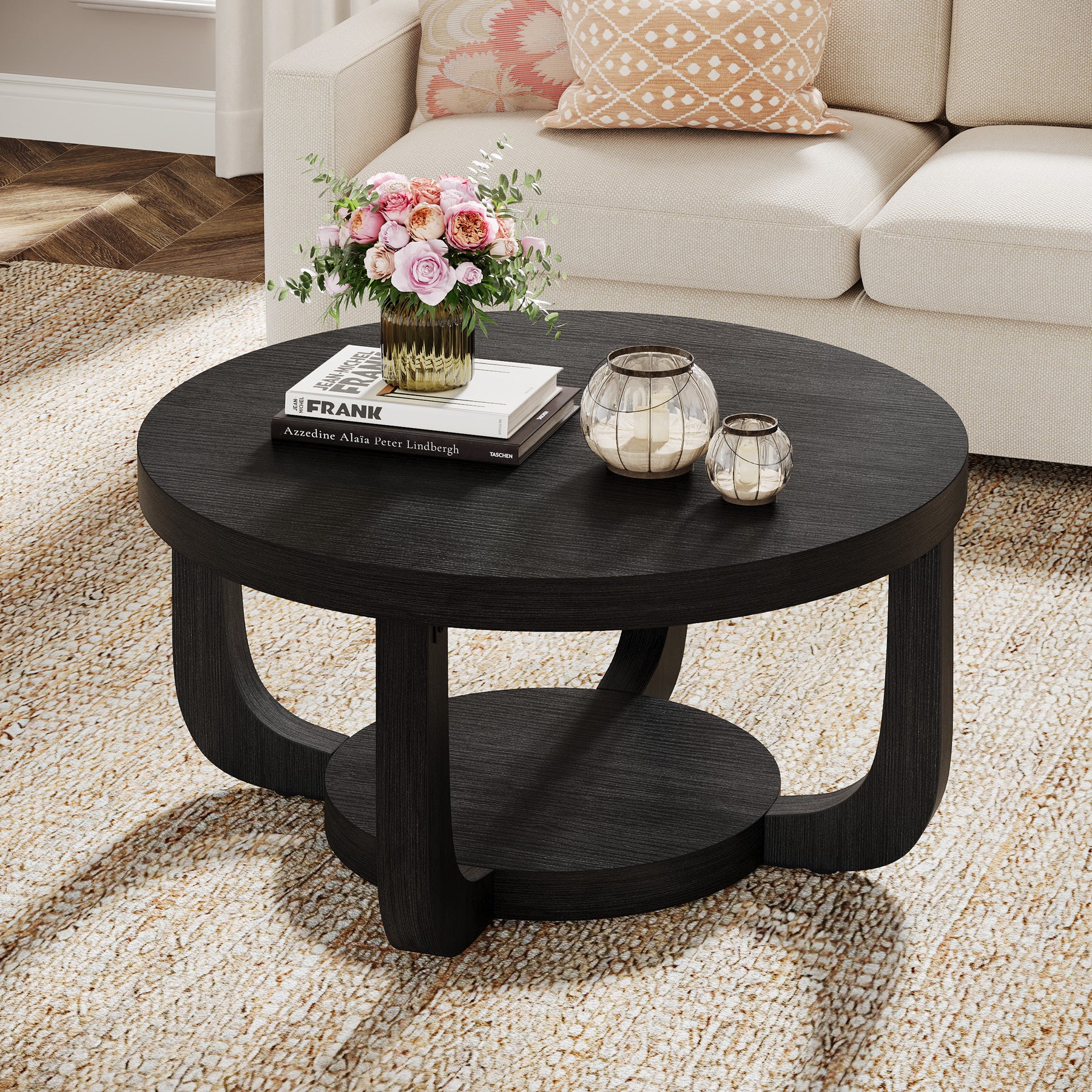 Ronde Salontafel van 80 cm met 2 Lagen en Opbergruimte, Moderne Houten Accenttafel in Rustiek Bruin voor Woonkamer