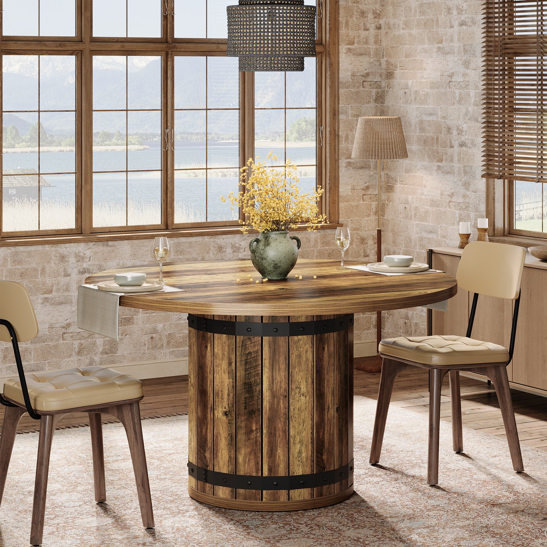 100 cm Ronde Boerderij Eettafel voor 4 Personen, Met Gelamineerd Blad en Hekwerk Basis in Landelijk Bruin