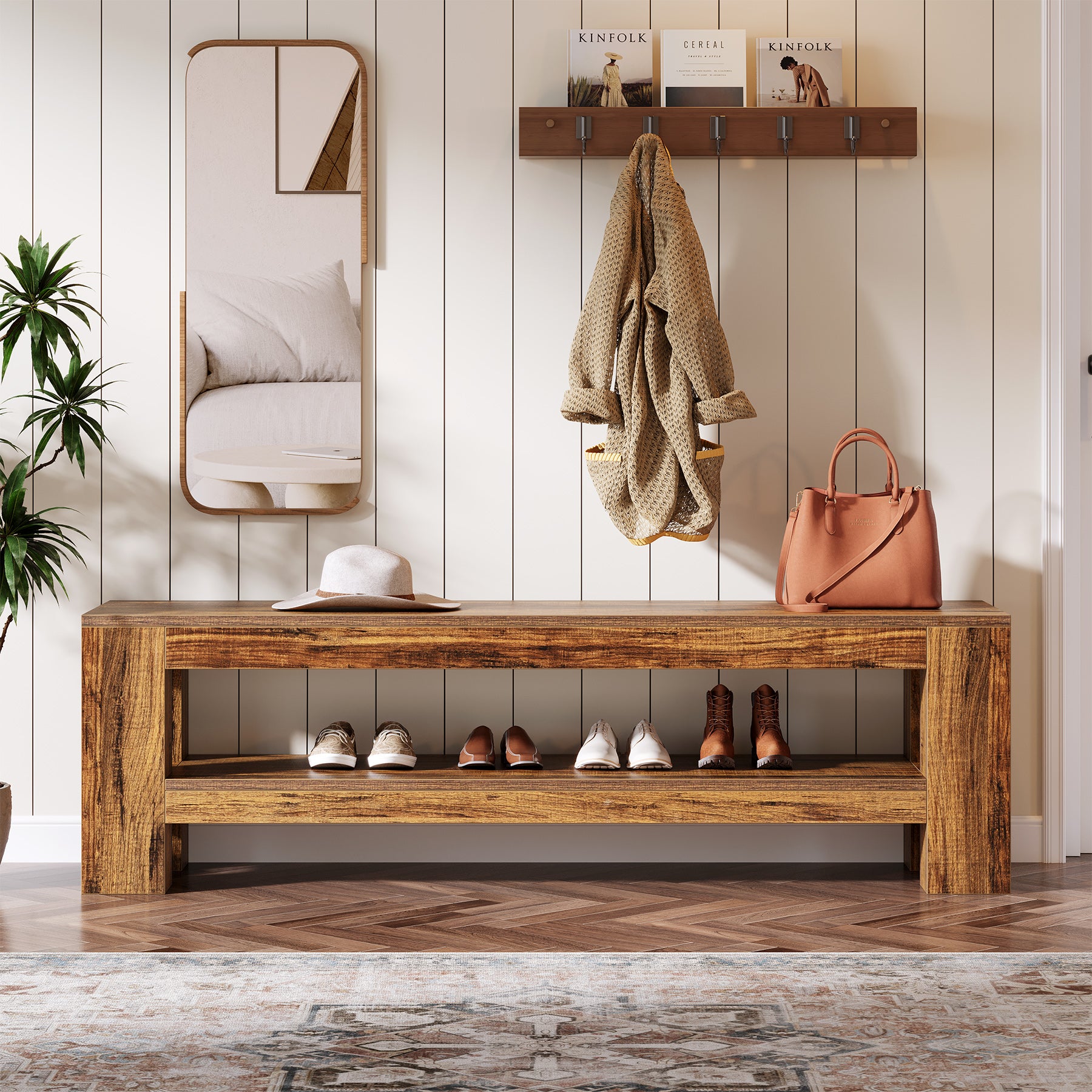 Tribesigns 150 cm Houten Halbank met Opbergplank, Landelijke Schoenenbank voor Hal Keuken Entree