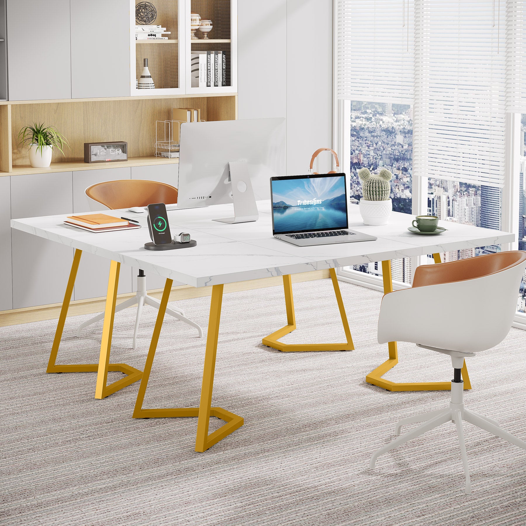 140 cm Tribesigns Modern Computerbureau in Wit en Goud, Compact Bureau met Metalen Poten voor Thuiswerk