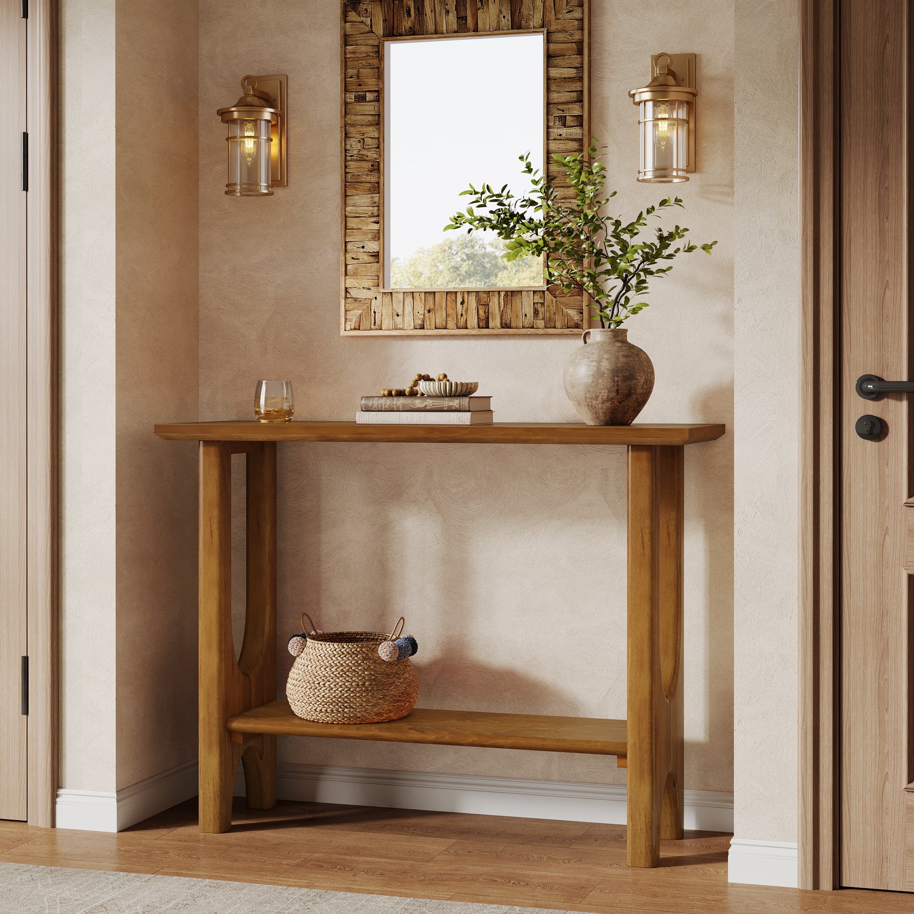 105 cm Entreetafel met 2 Niveaus, Moderne Consoletafel met Massief Houten Poten