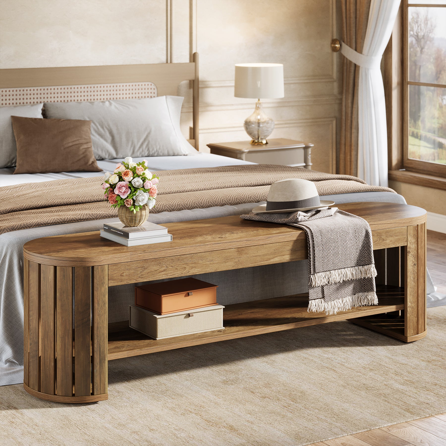 160 cm Smalle 2-Laagse Schoenenbank met Gebogen Lattenpoten