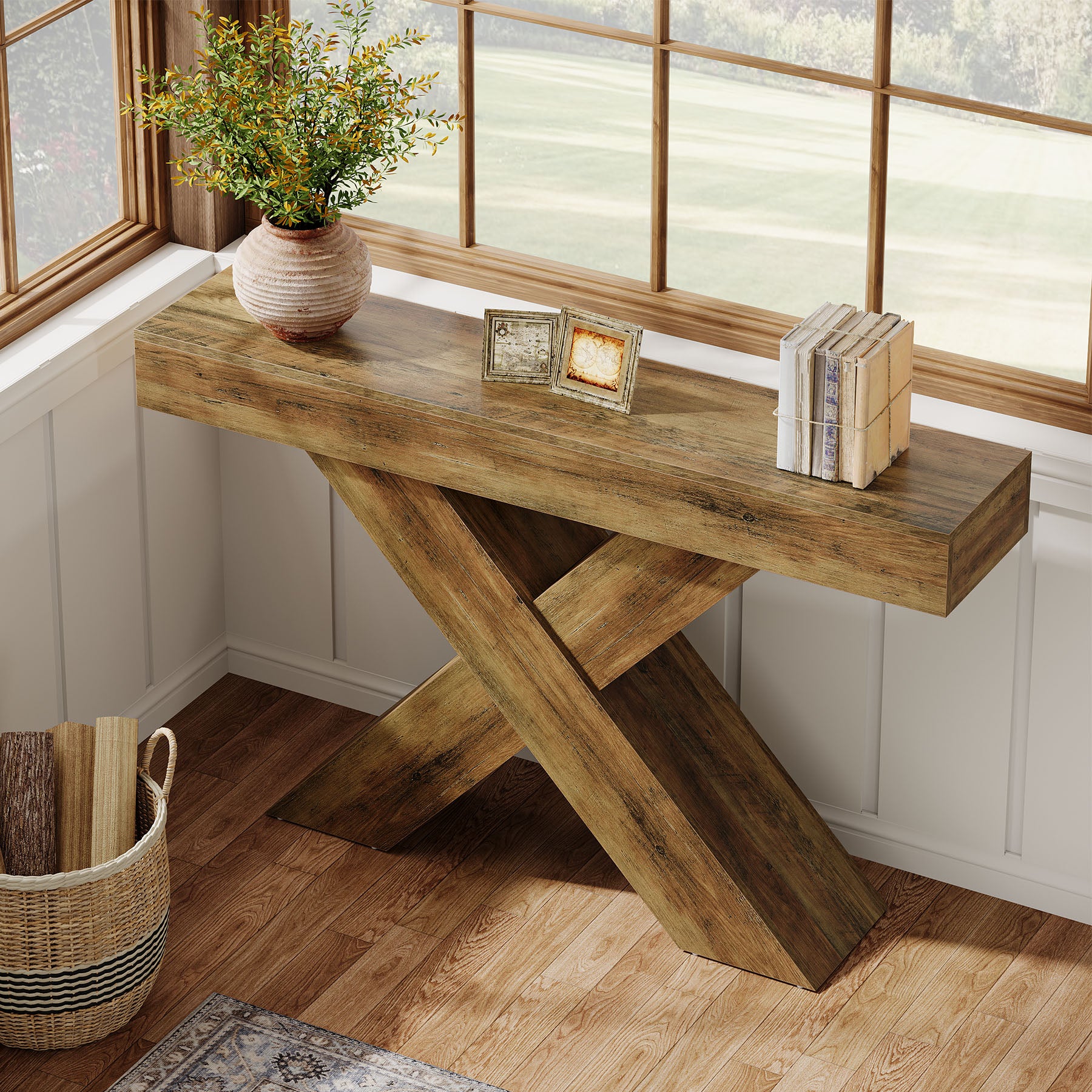 140 cm consoletafel, houten sidetable met uniek ontwerp voor hal of achter bank