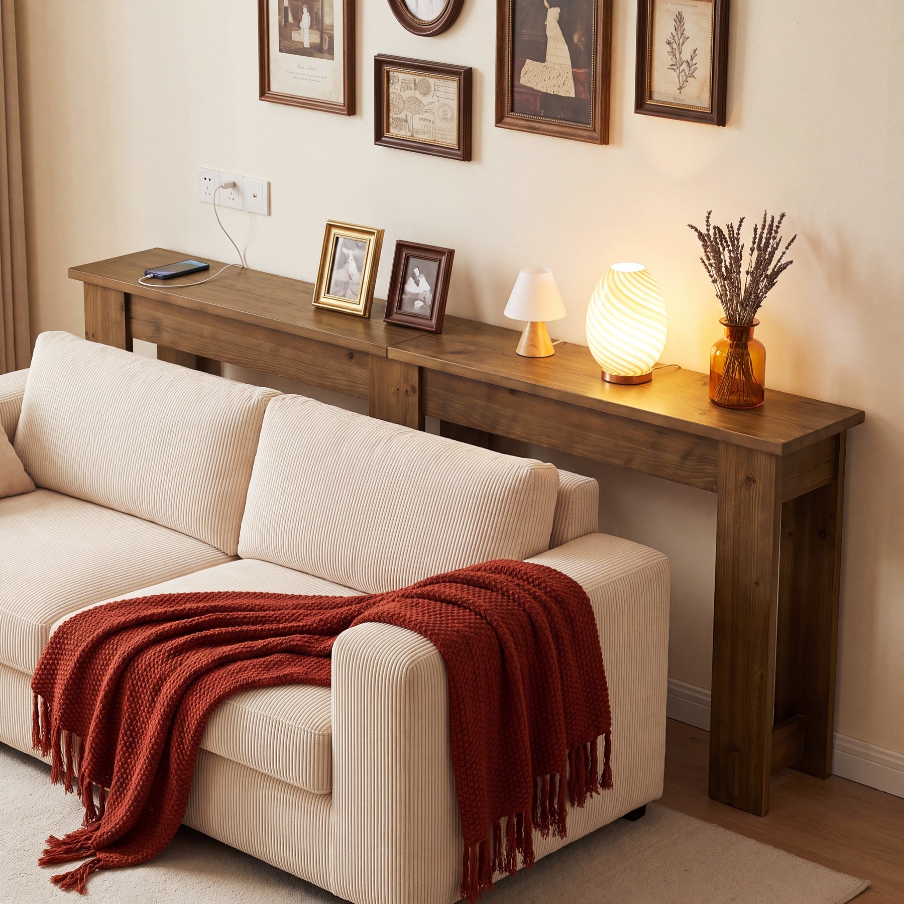 Massief houten consoletafel 200 cm, extra lange banktafel van dennenhout met 6 poten