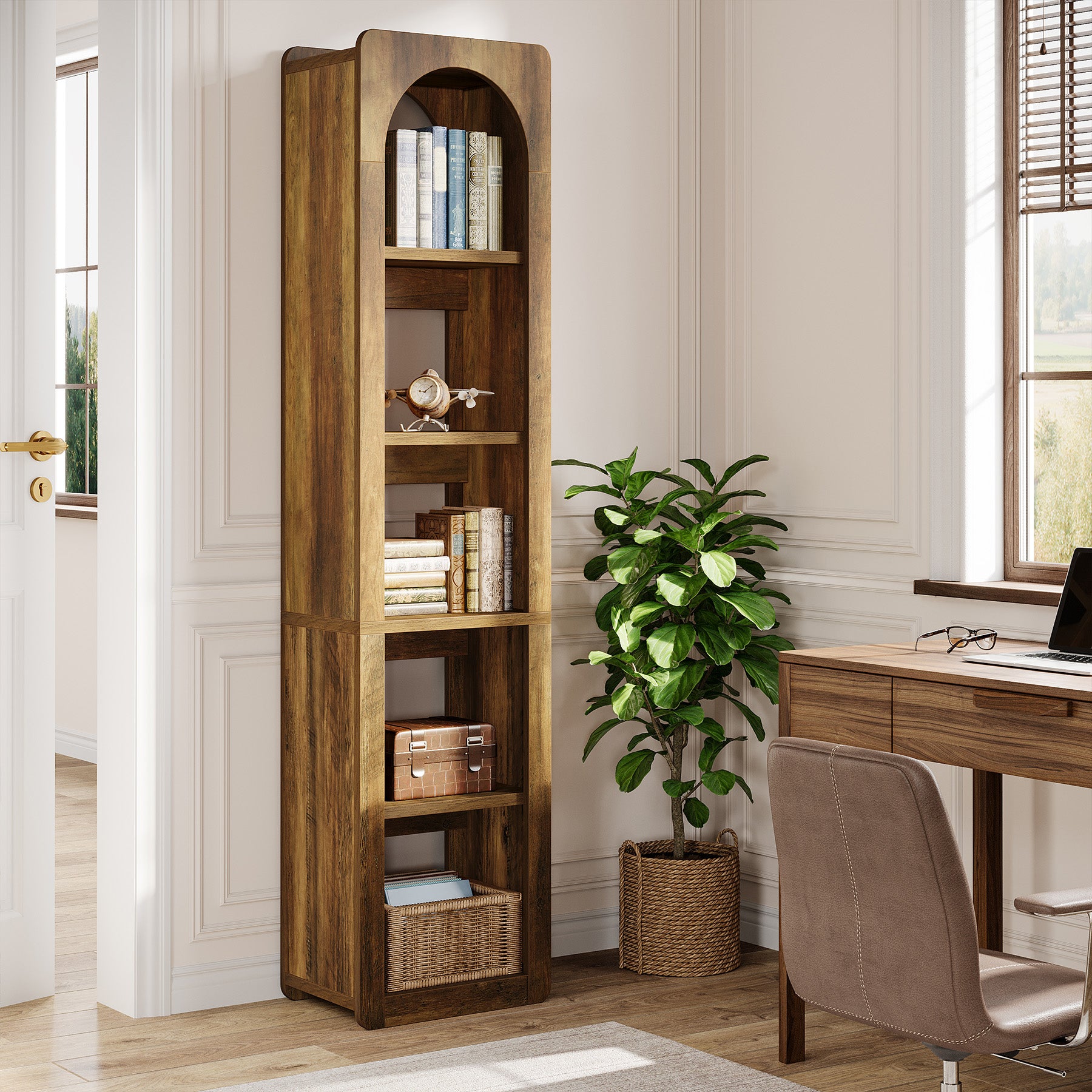 180cm Hoge Smalle Boekenkast, 5 Planken Open Opbergrek voor Kleine Ruimtes in Bruin