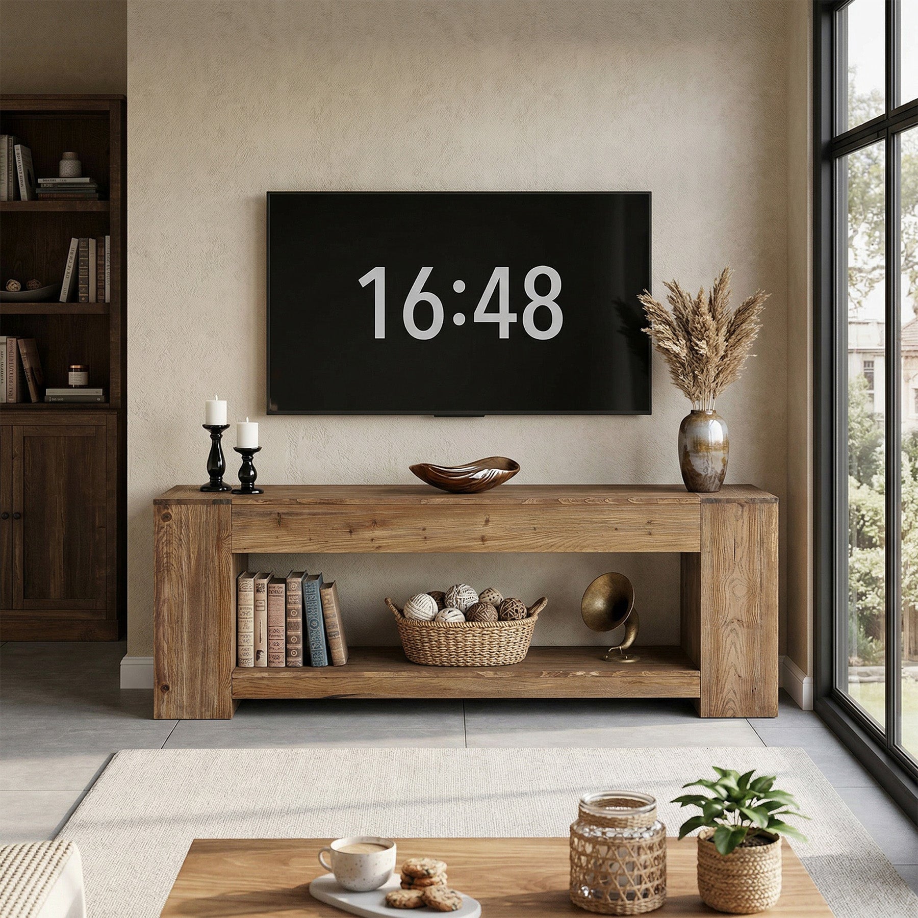 Tribesigns massief houten tv-meubel 160 cm voor tv’s tot 75 inch, landelijke tv-kast met open opbergvak