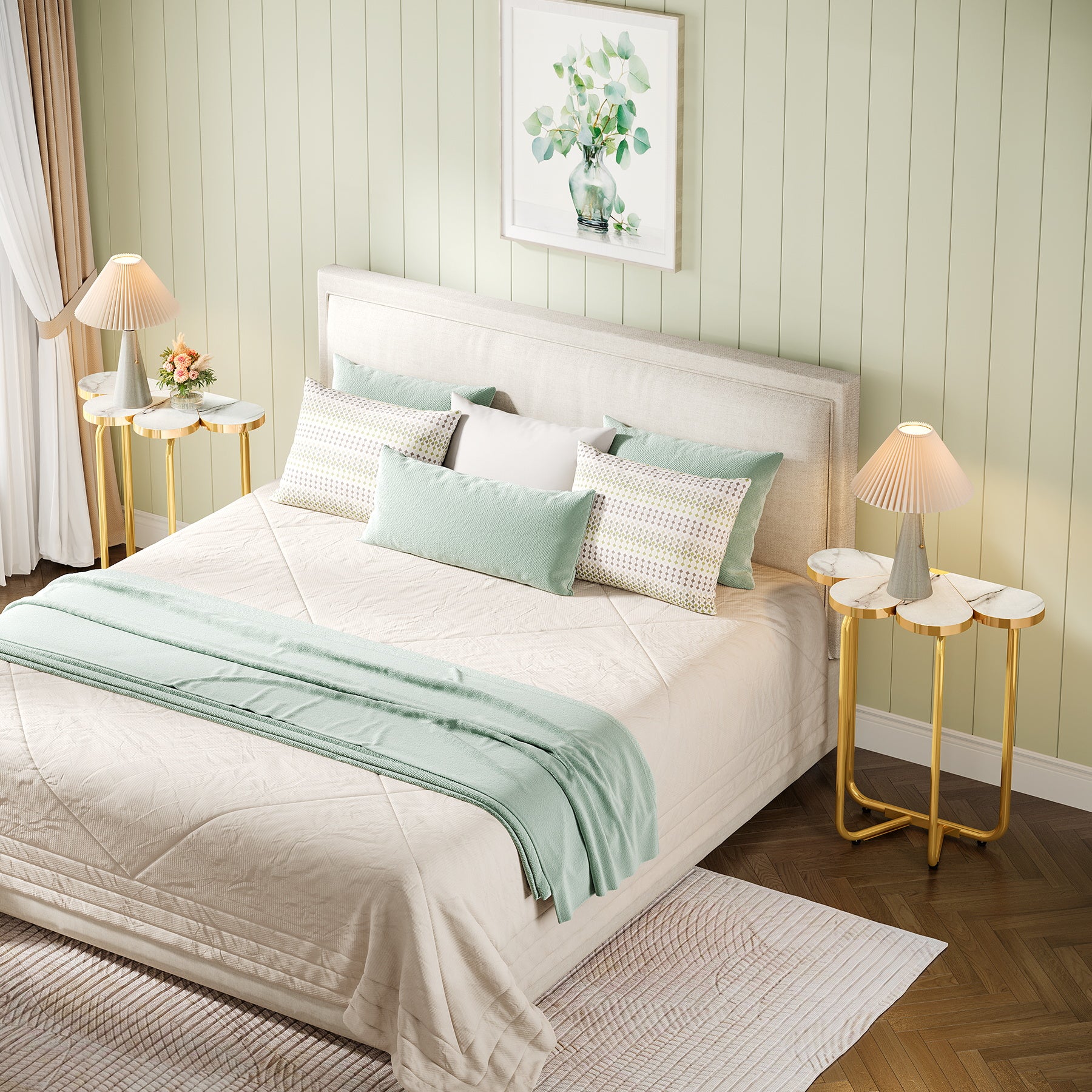 66 cm Smalle Bijzettafel, Halfronde Nachtkastje met Gouden Frame en Marmer Print