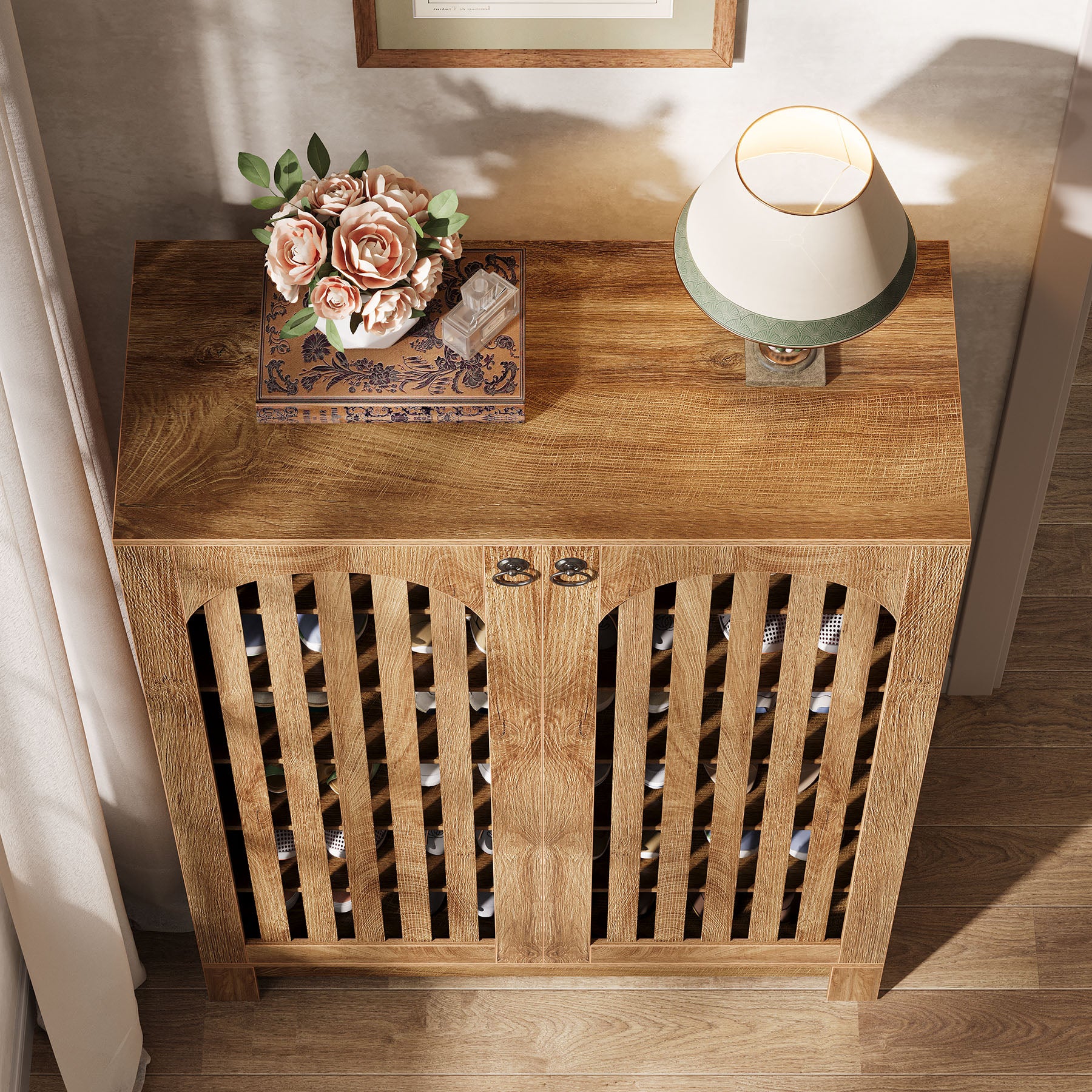 Schoenenkast met 6 Verdiepingen en Lamellendeuren, Houten Organizer voor Entree en Hal